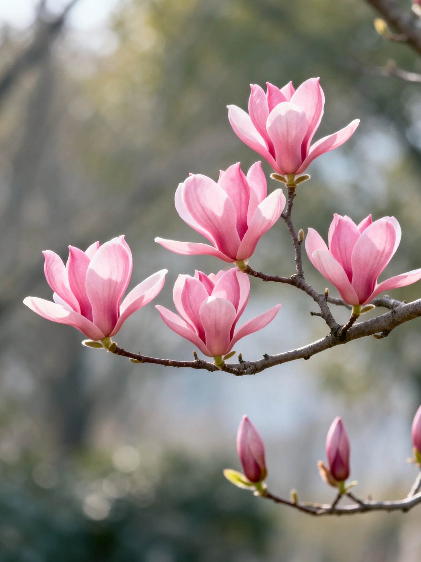Pink Magnolias Bloom on Branches with Bud Details