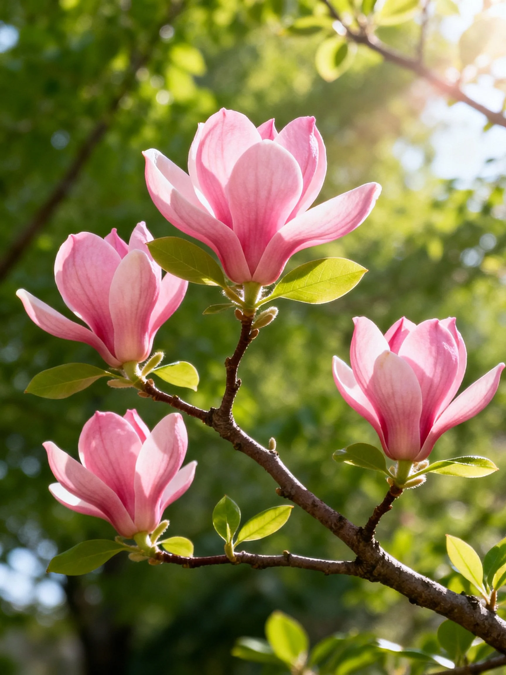 Pink Magnolias Bloom on a Branch with Sunlit Green Foliage