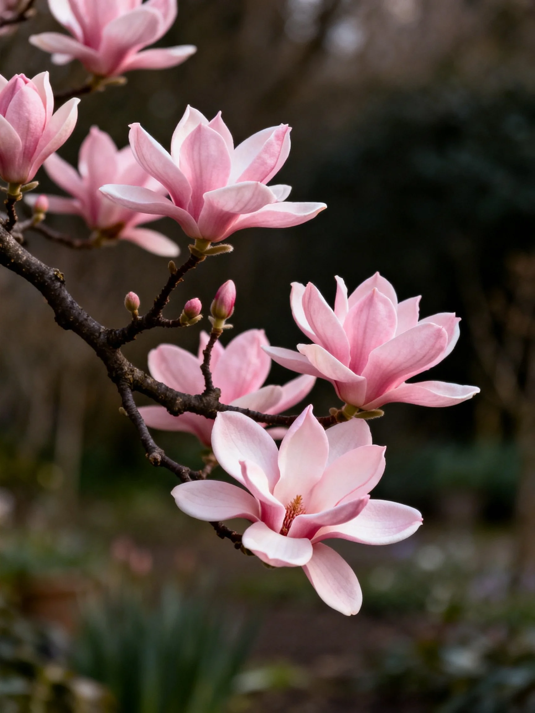 Pink Magnolias Bloom on a Twisted Branch