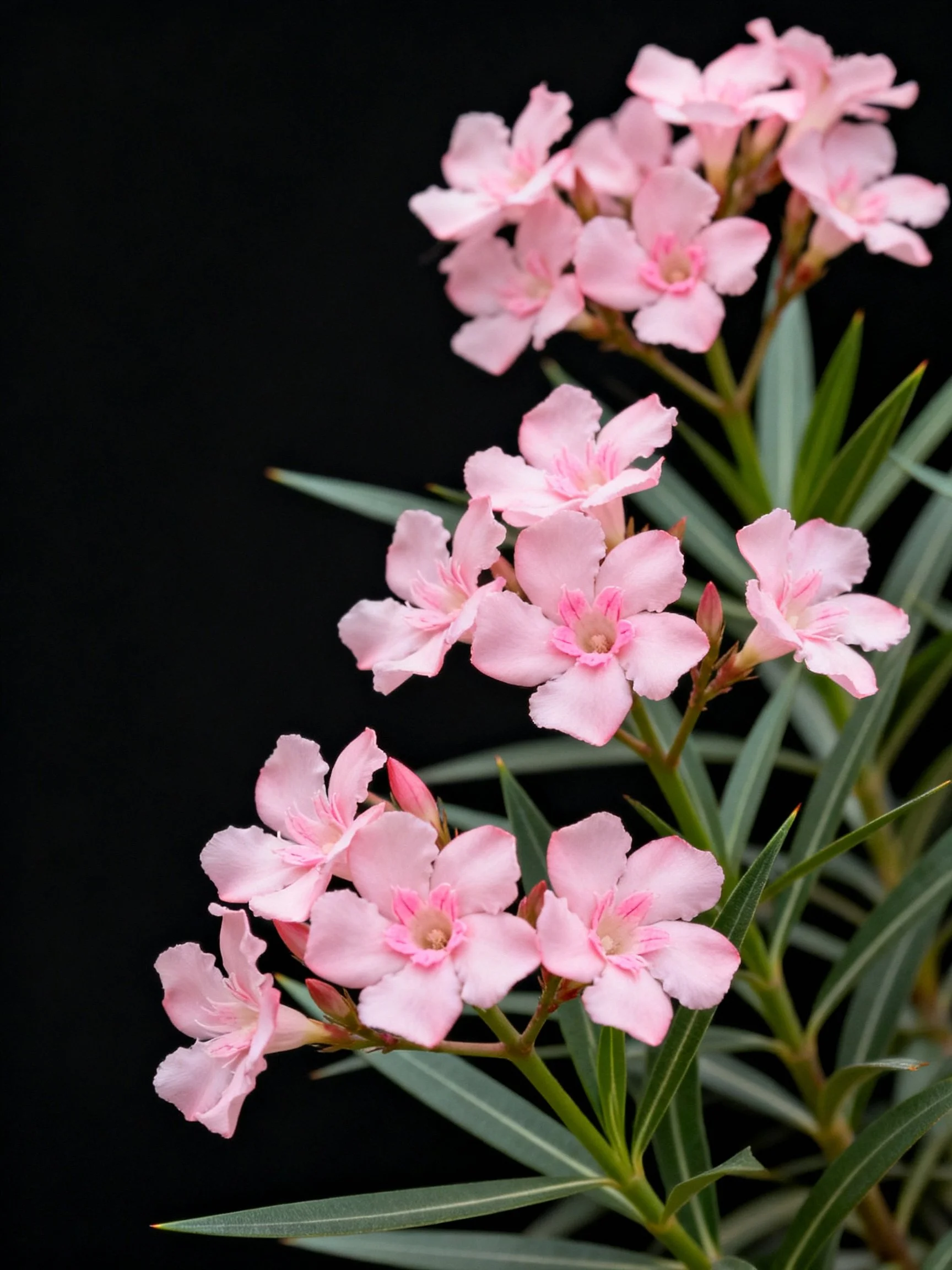 Pink Oleander Flowers with Long Green Foliage on Black Background