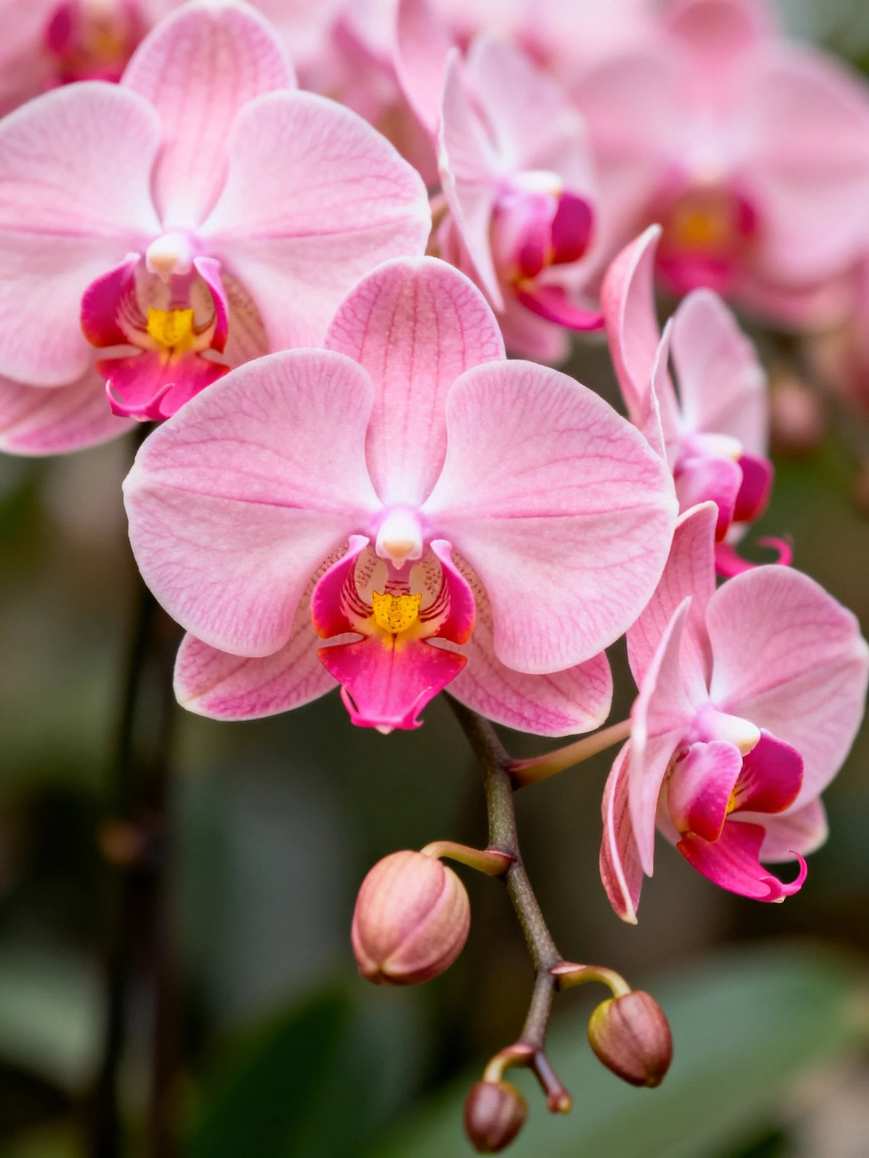 Pink Orchid Cluster with Magenta-Centered Flowers and Bud Details