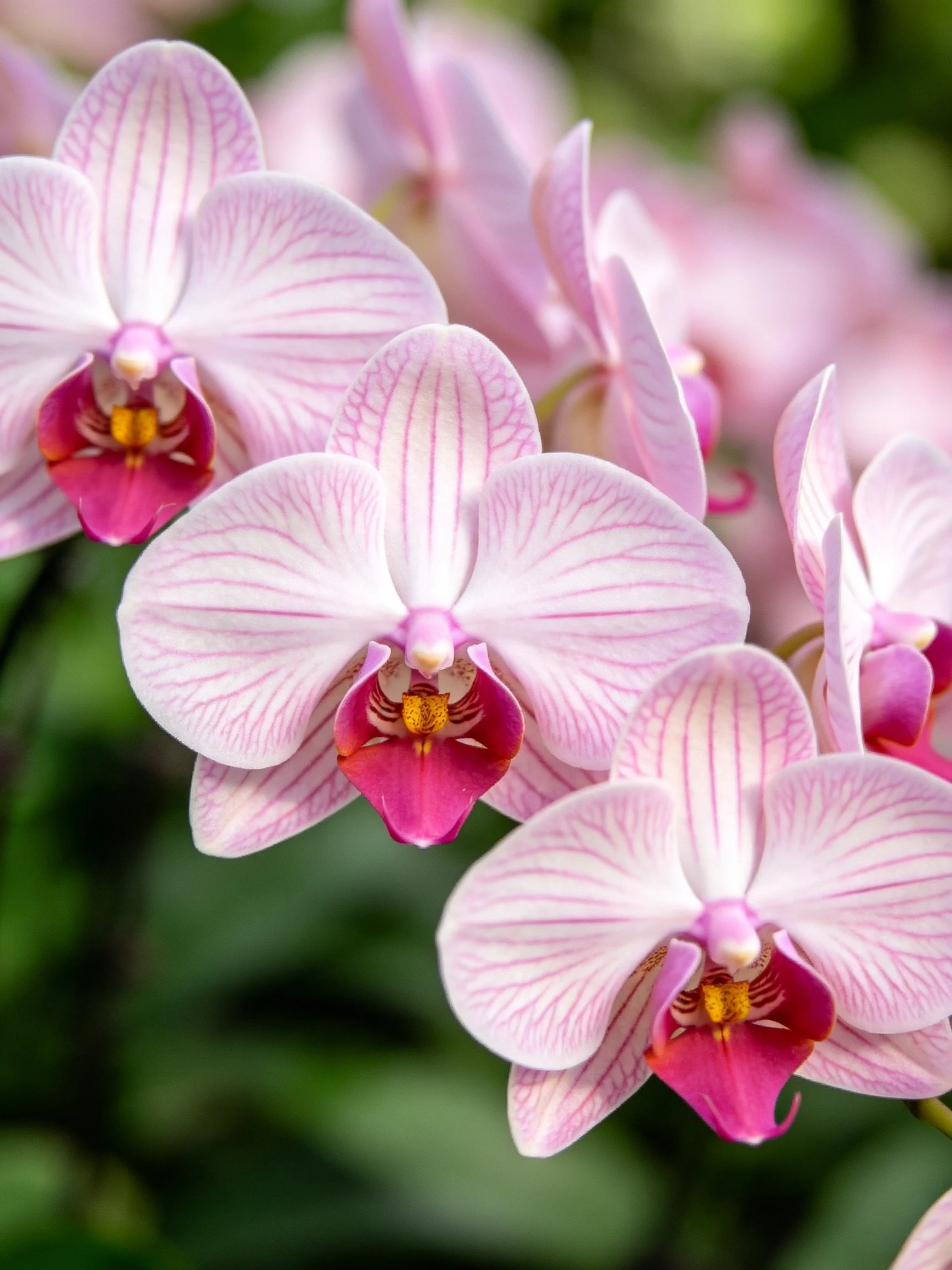 Pink Orchids with White Striped Petals and Magenta Centers