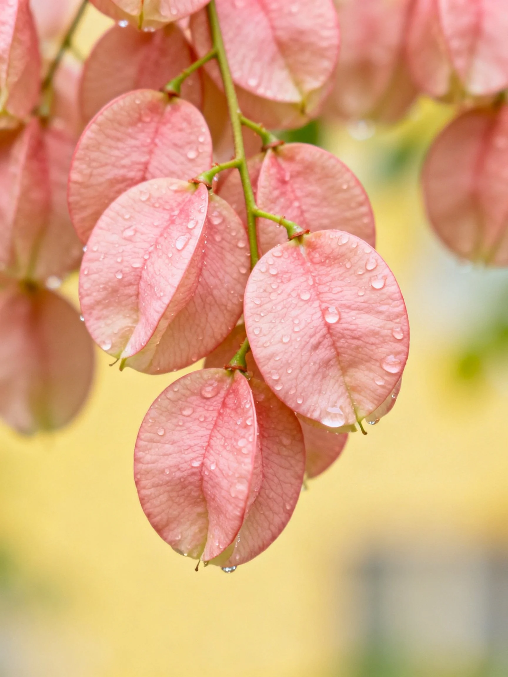 Pink Oval Flower Clusters with Water Droplets on Green Stems