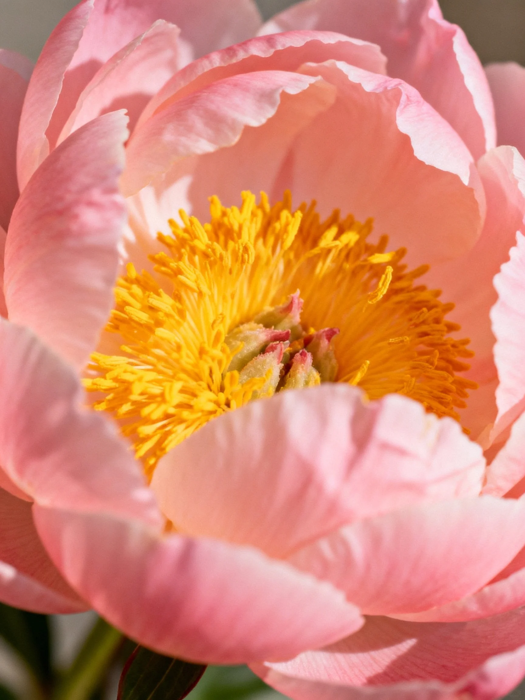 Pink Peony with Vibrant Yellow Center Close-Up