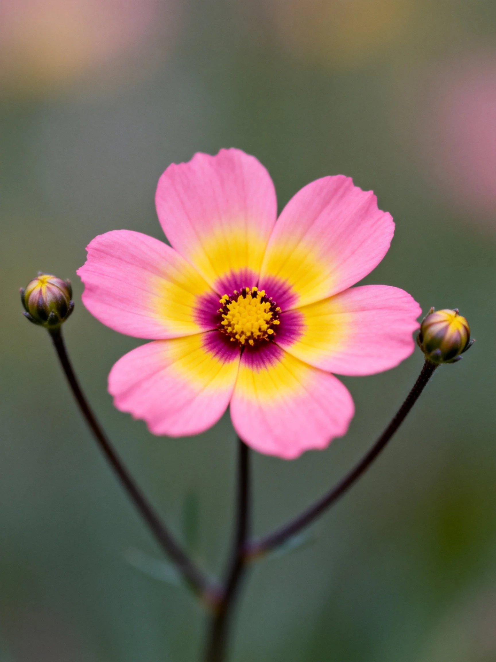 Pink Petal Flower with Yellow and Purple Center, Two Bud Accents