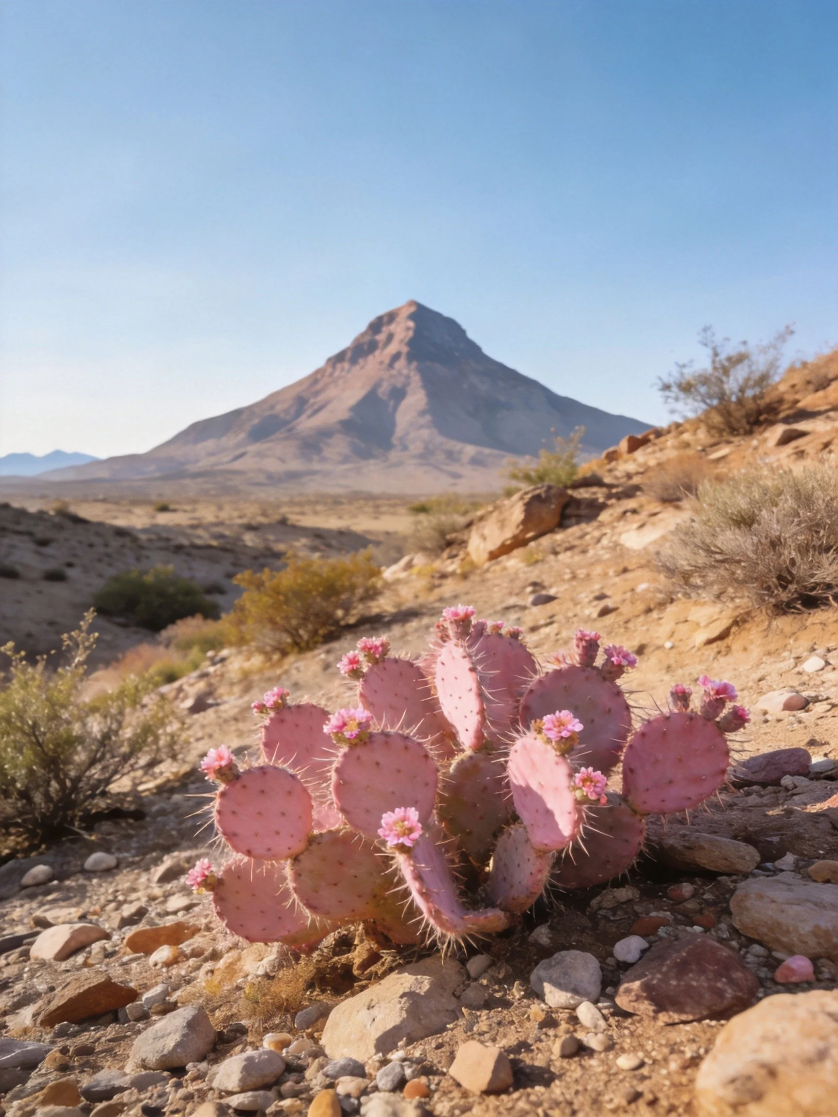 Pink Prickly Pear Cactus Blooms Among Rocky Desert Near Conical Mountain