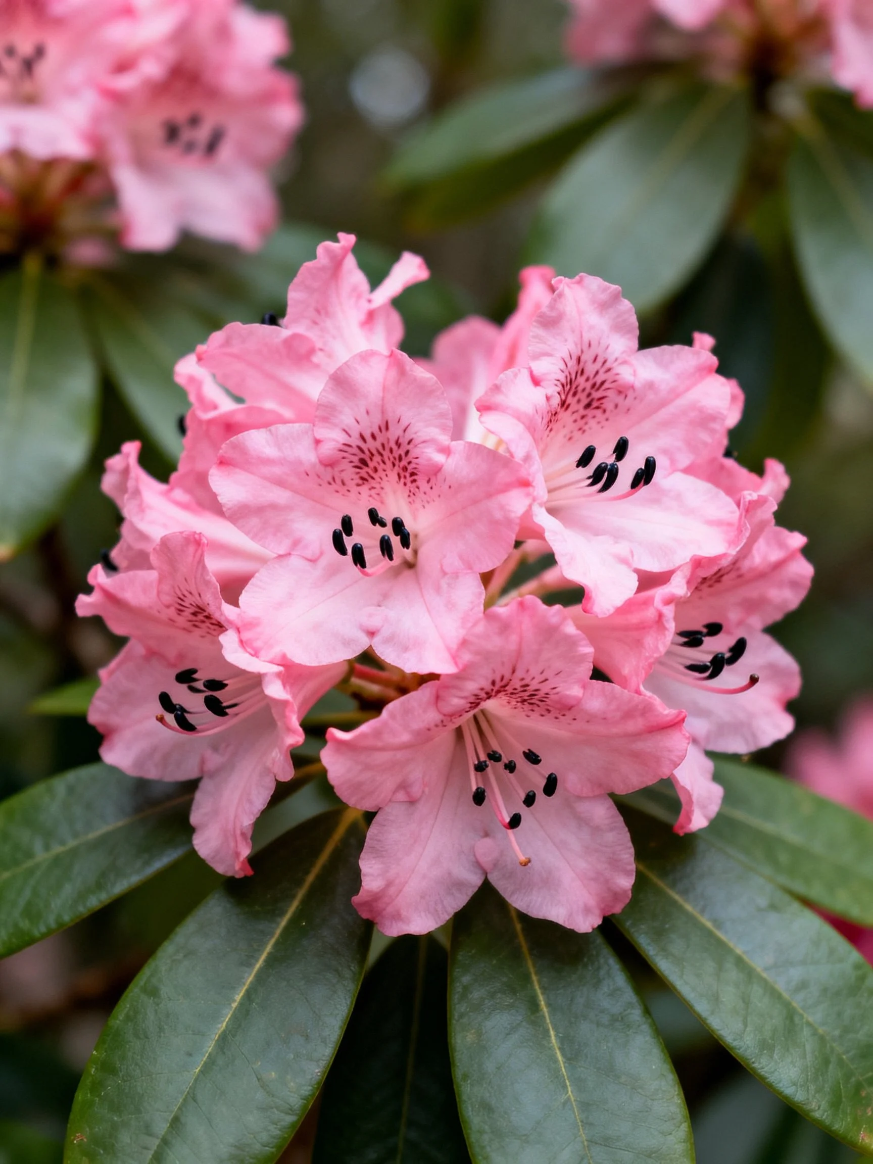 Pink Rhododendron Blooms with Dark Centers Among Green Foliage