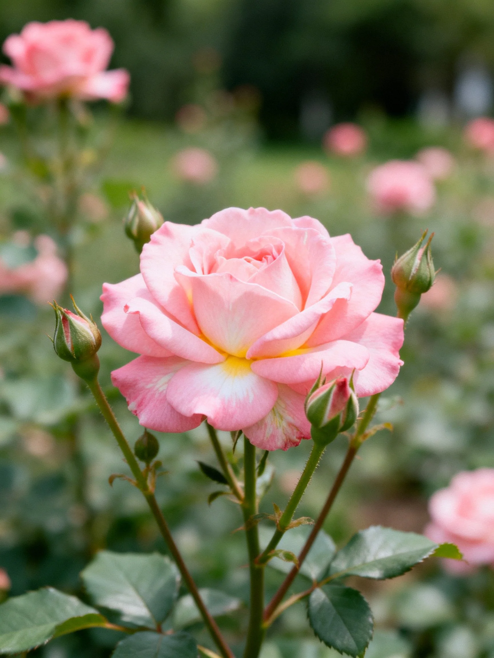 Pink Rose Blooms with Green Foliage and Bud Accents