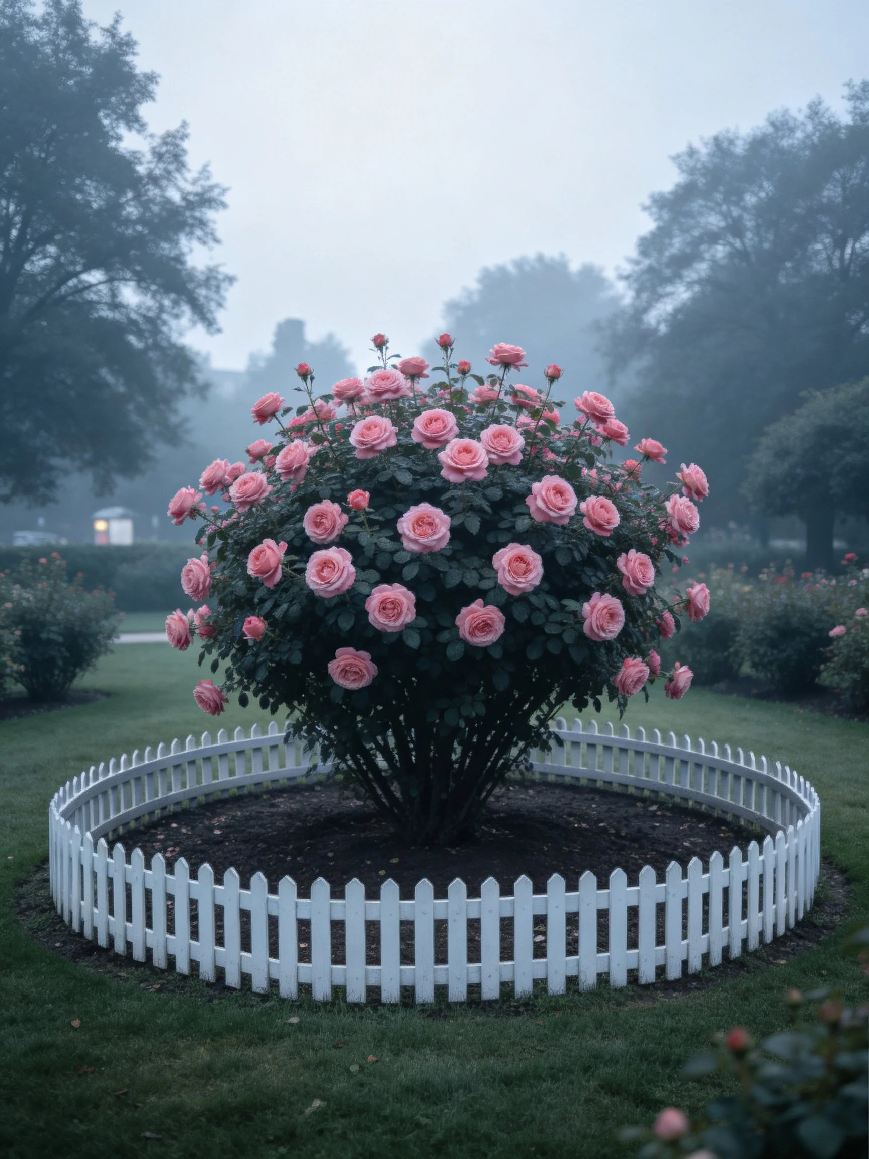 Pink Rose Bush Enclosed by White Picket Fence in Misty Garden