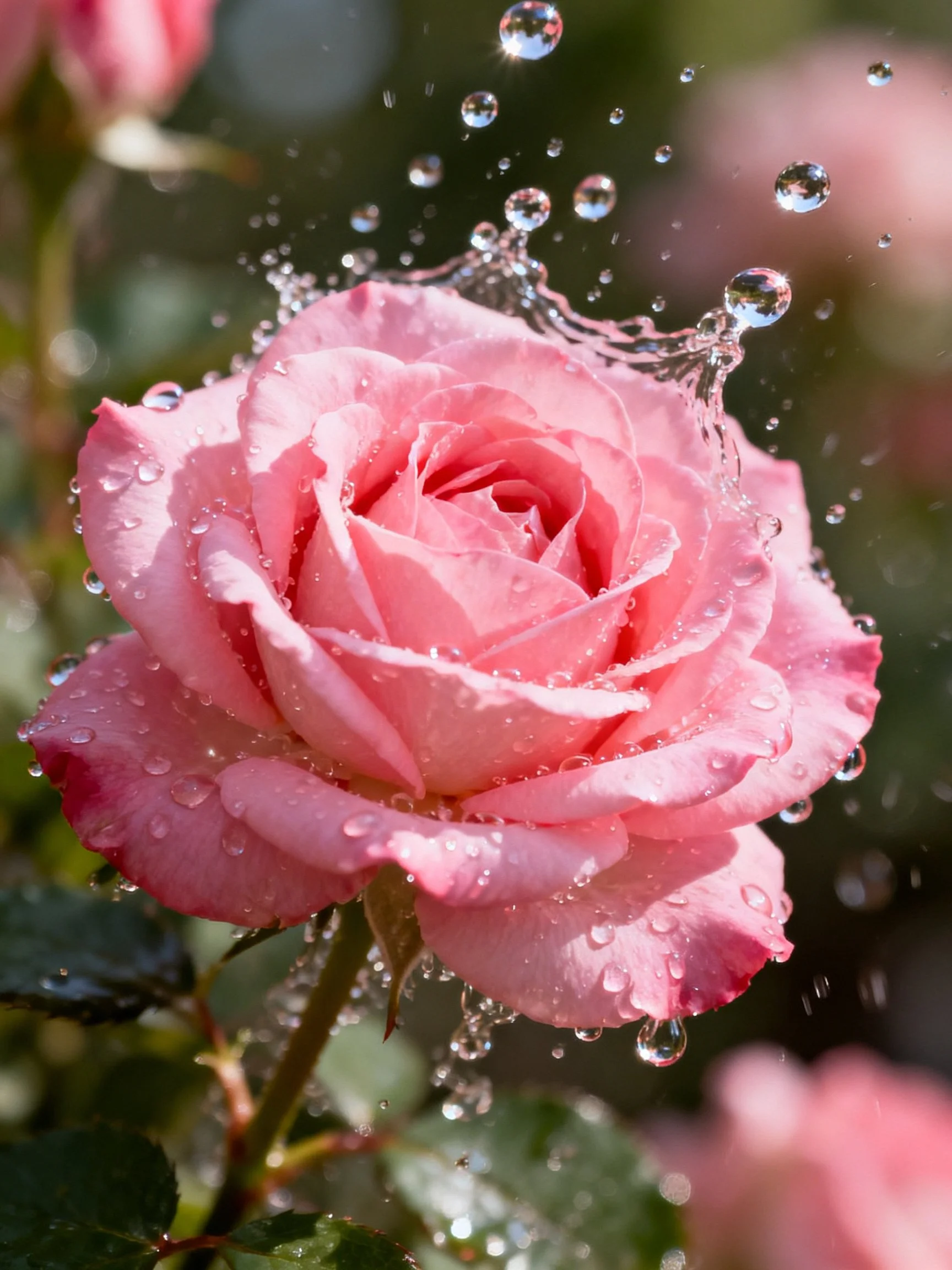 Pink Rose with Water Droplets in Close-Up