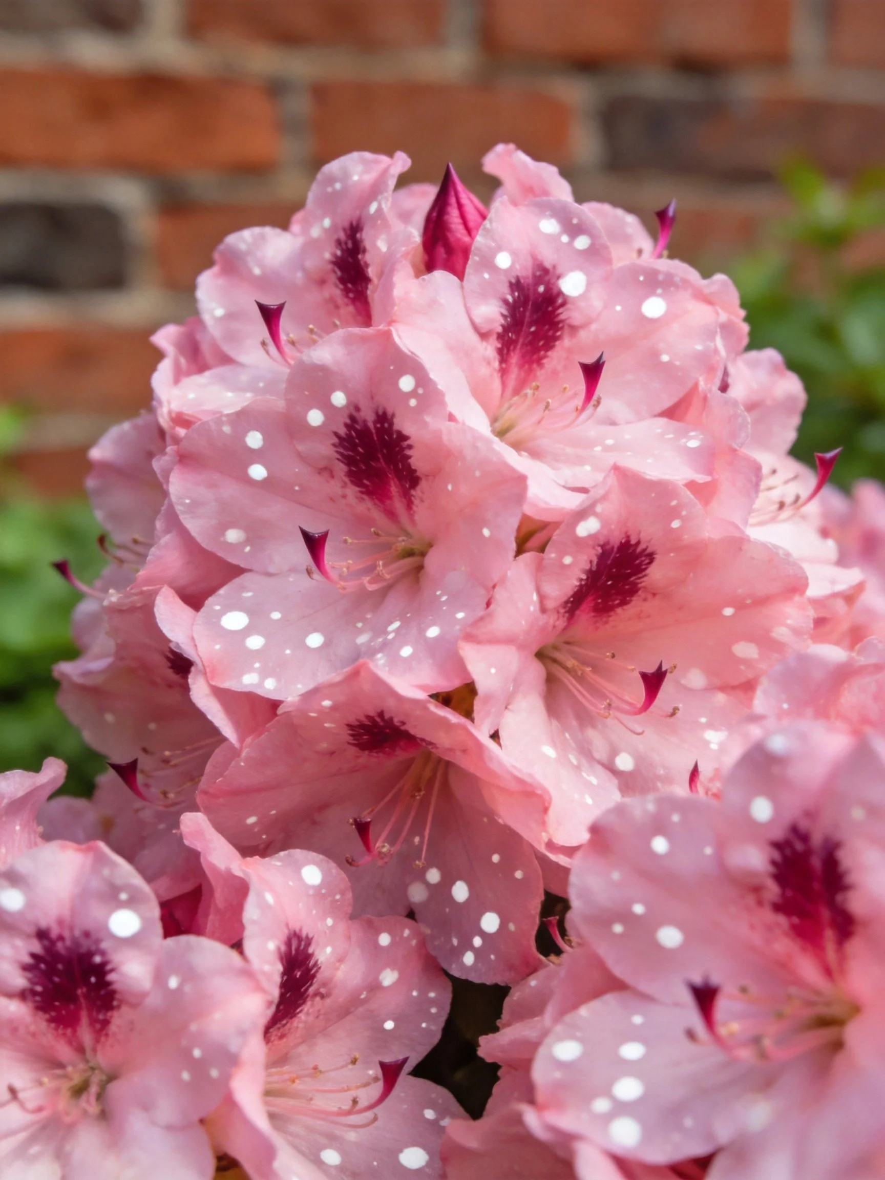 Pink Spotted Flowers with Dark Centers Near Brick Wall