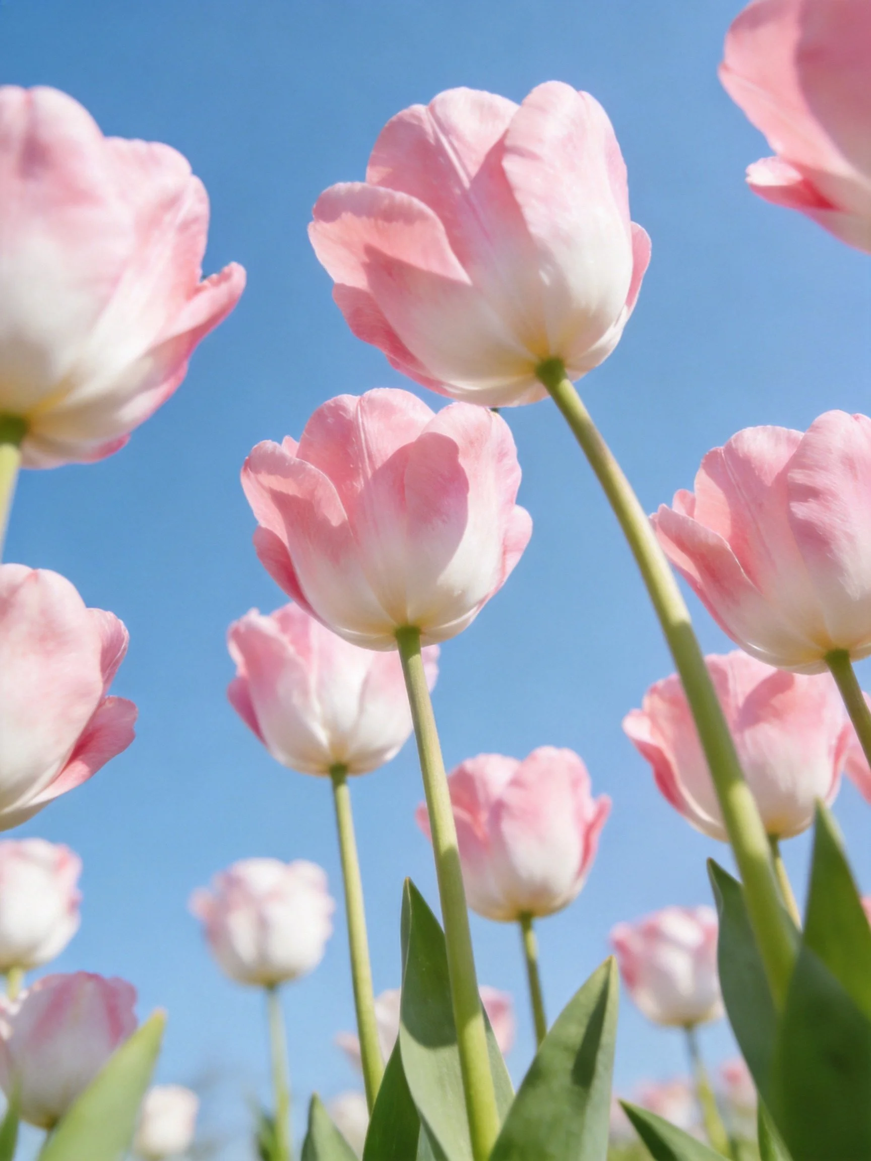 Pink Tulips Blooming Under a Bright Blue Sky