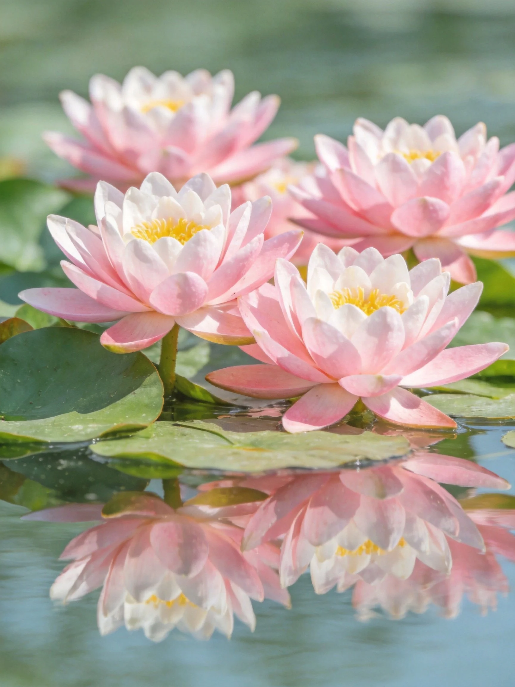 Pink Water Lilies Blooming Among Green Lily Pads on Still Water
