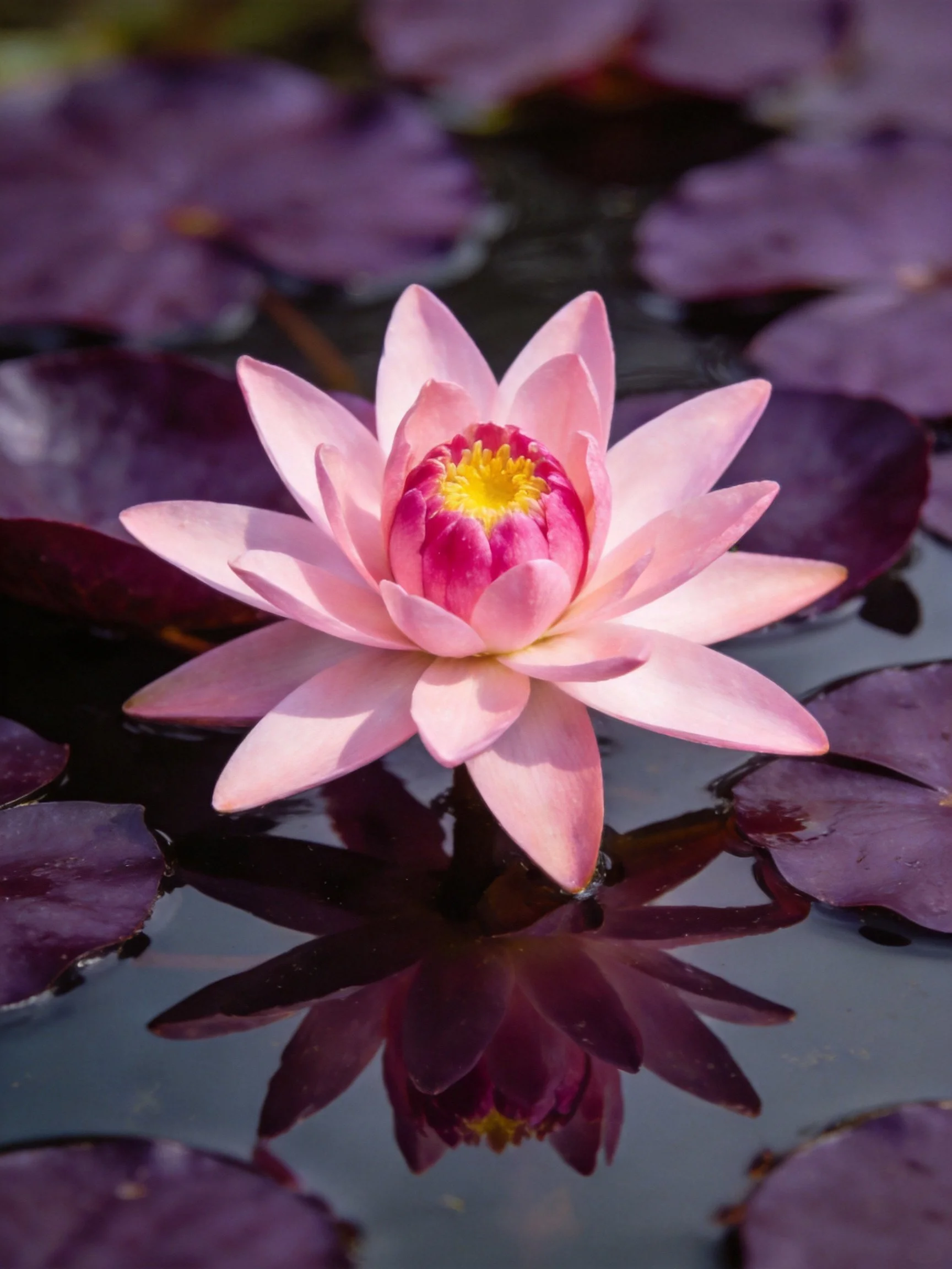Pink Water Lily Among Purple Leaves in Calm Water