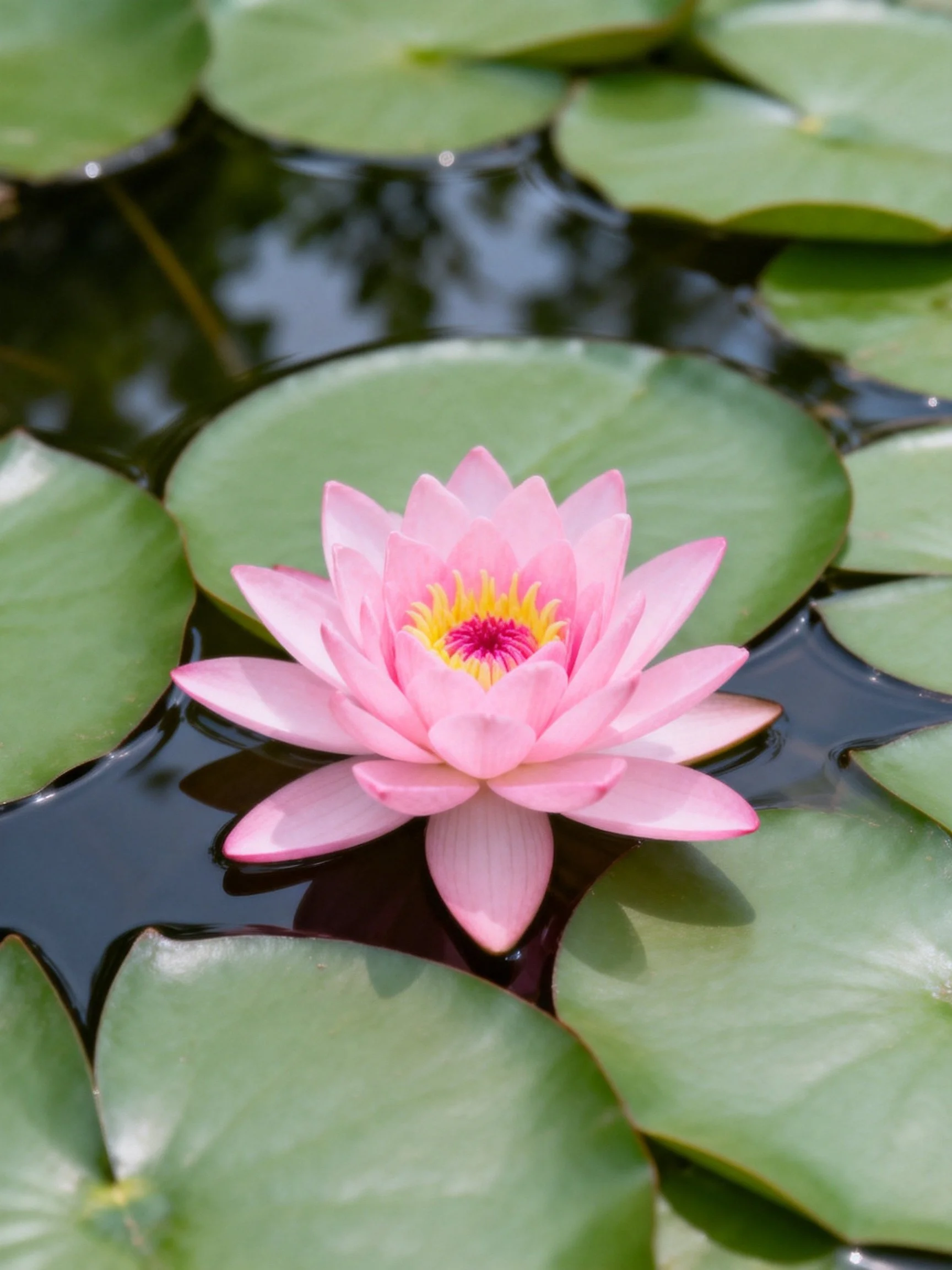 Pink Water Lily Blooming Among Green Lily Pads on Still Water