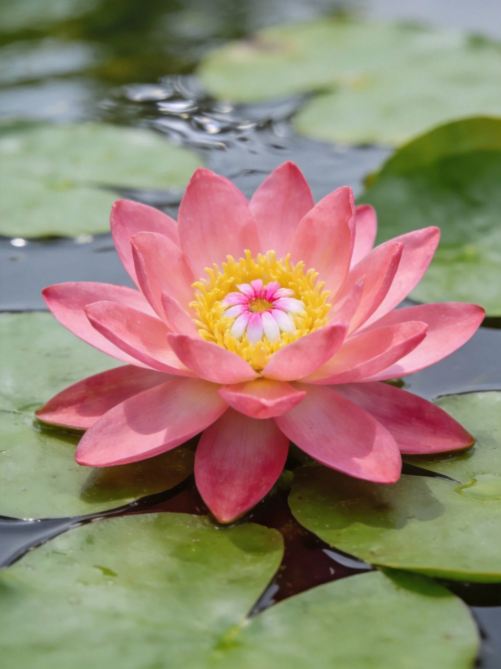Pink Water Lily Blooming Among Green Lily Pads