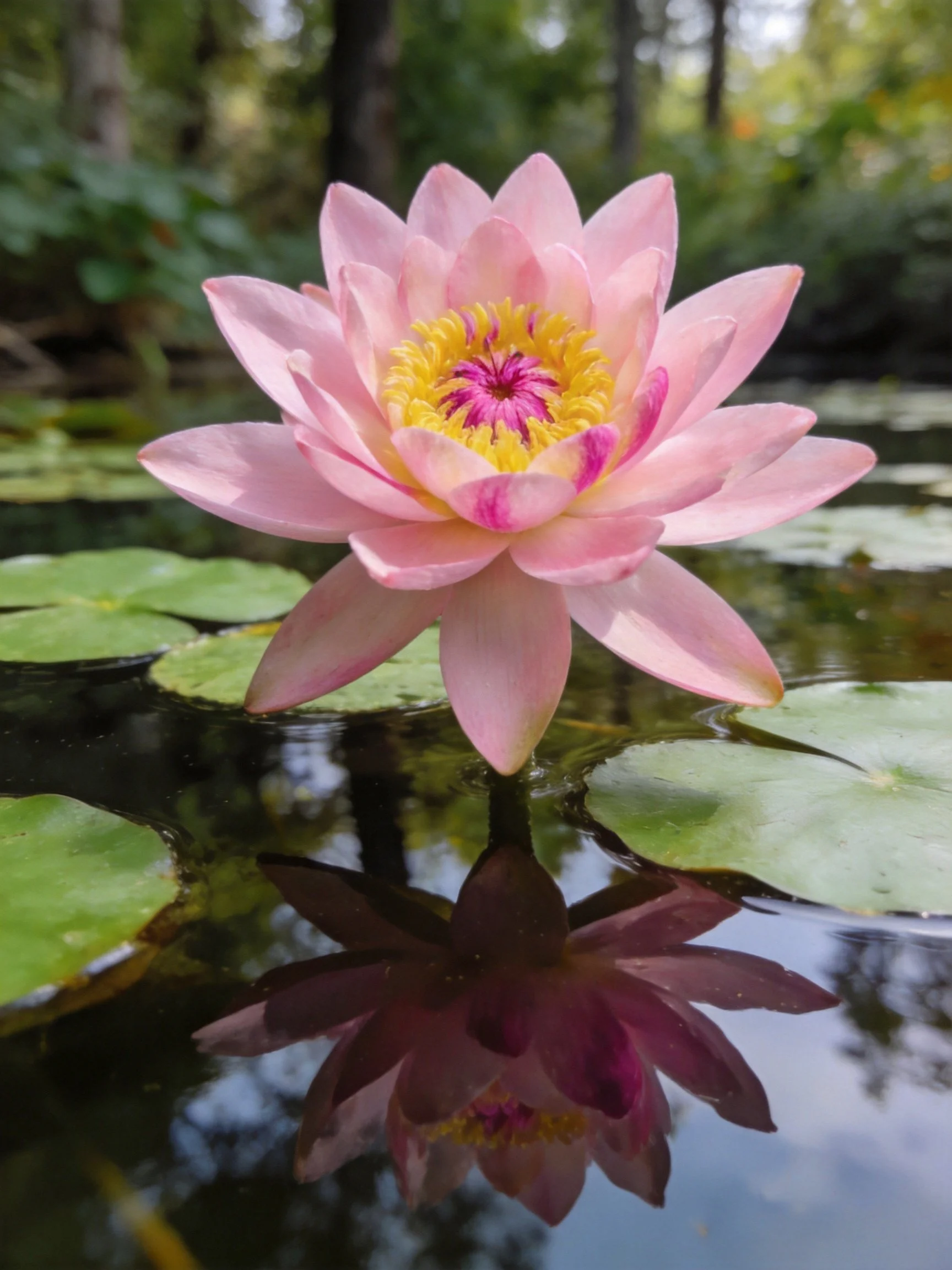 Pink Water Lily Blooming Among Lily Pads on Calm Water