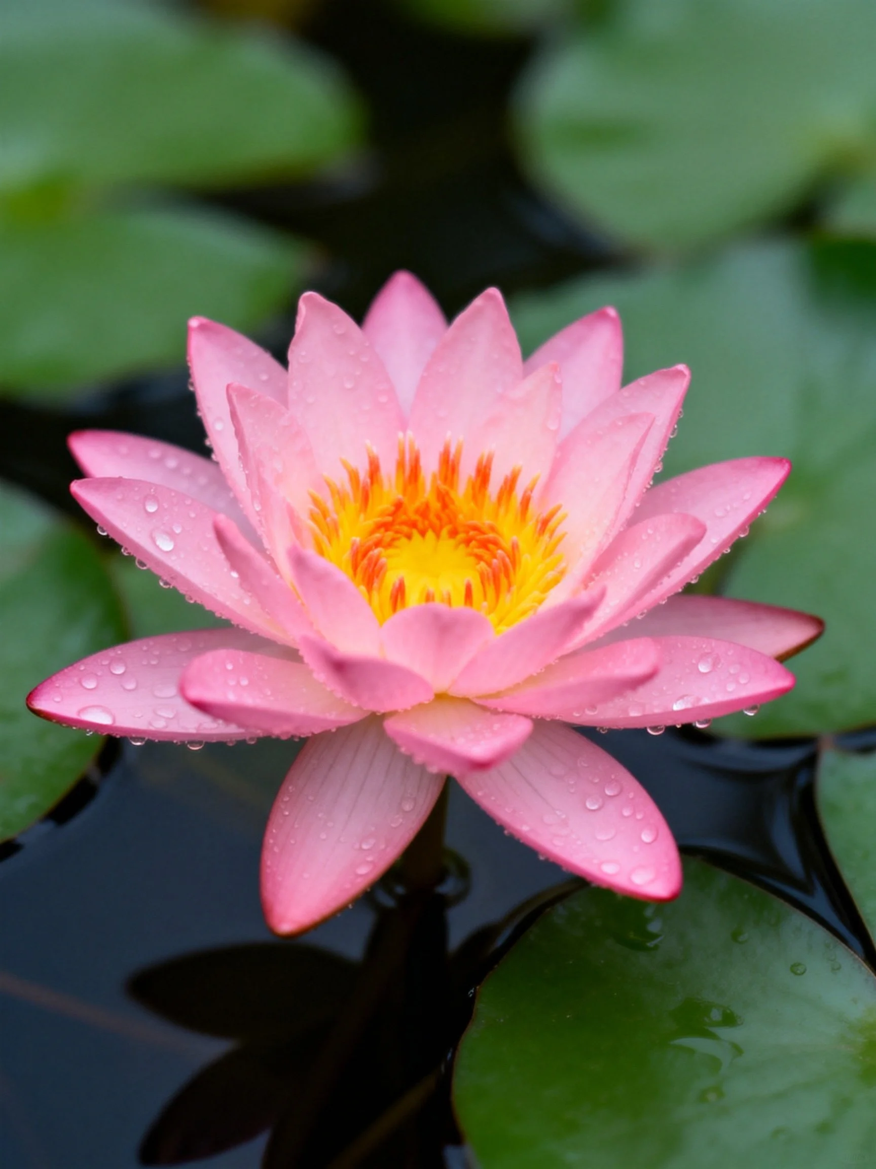 Pink Water Lily with Dewdrops Among Green Leaves