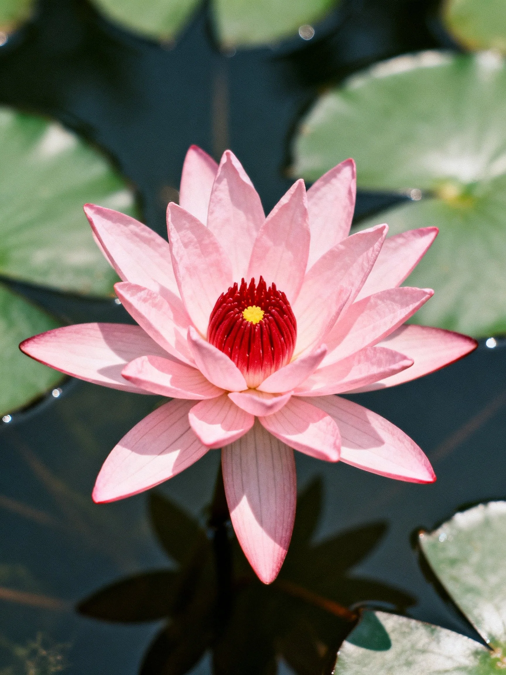 Pink Water Lily with Red Center Floating Among Green Lily Pads