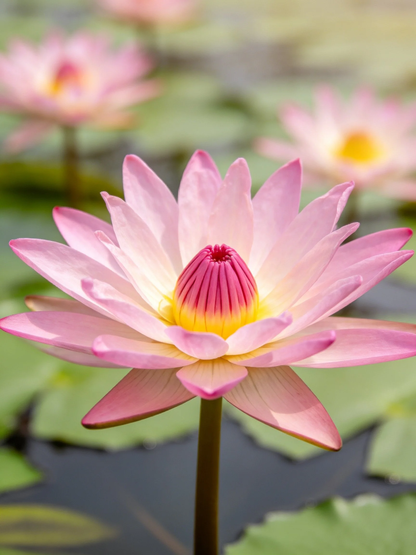 Pink Water Lily with Soft Petals, Yellow Center, and Blurred Background