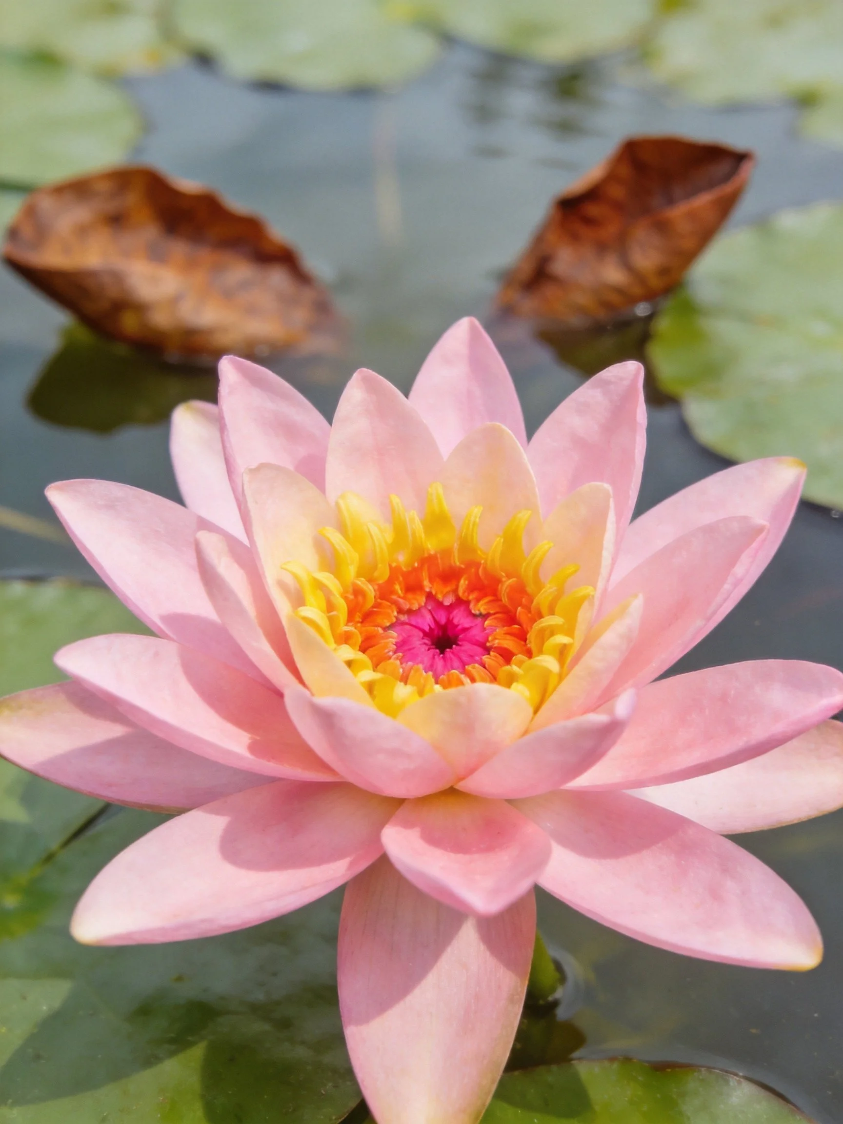 Pink Water Lily with Vibrant Yellow and Orange Center Among Lily Pads