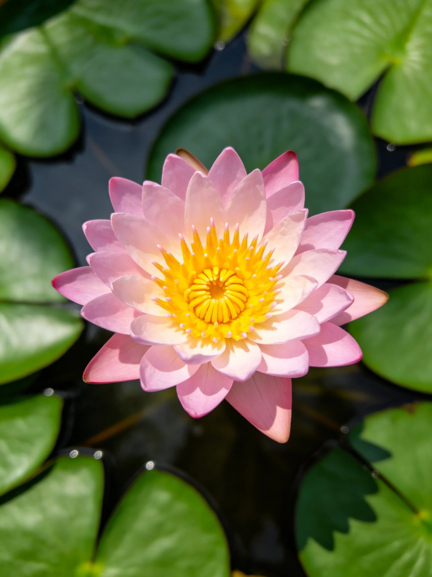 Pink Water Lily with Yellow Center Among Green Lily Pads