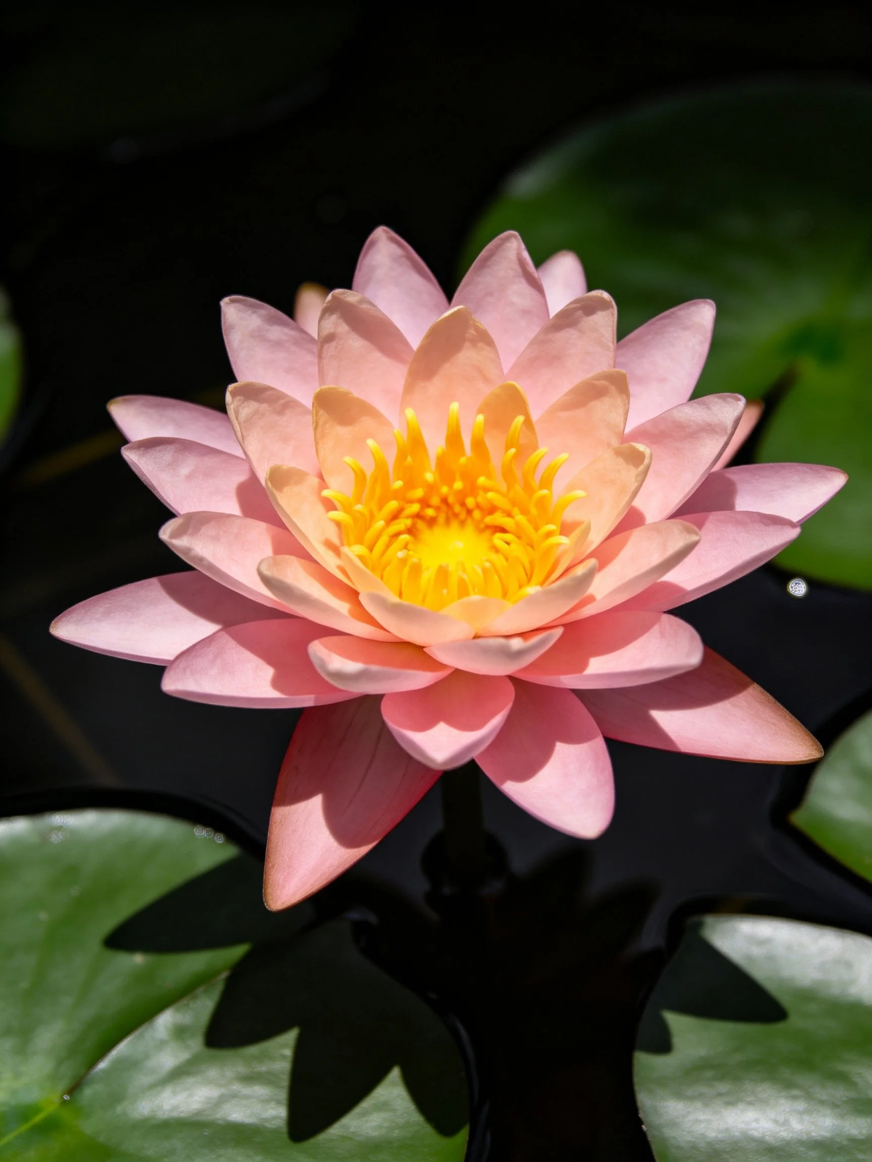 Pink Water Lily with Yellow Center Among Green Lily Pads