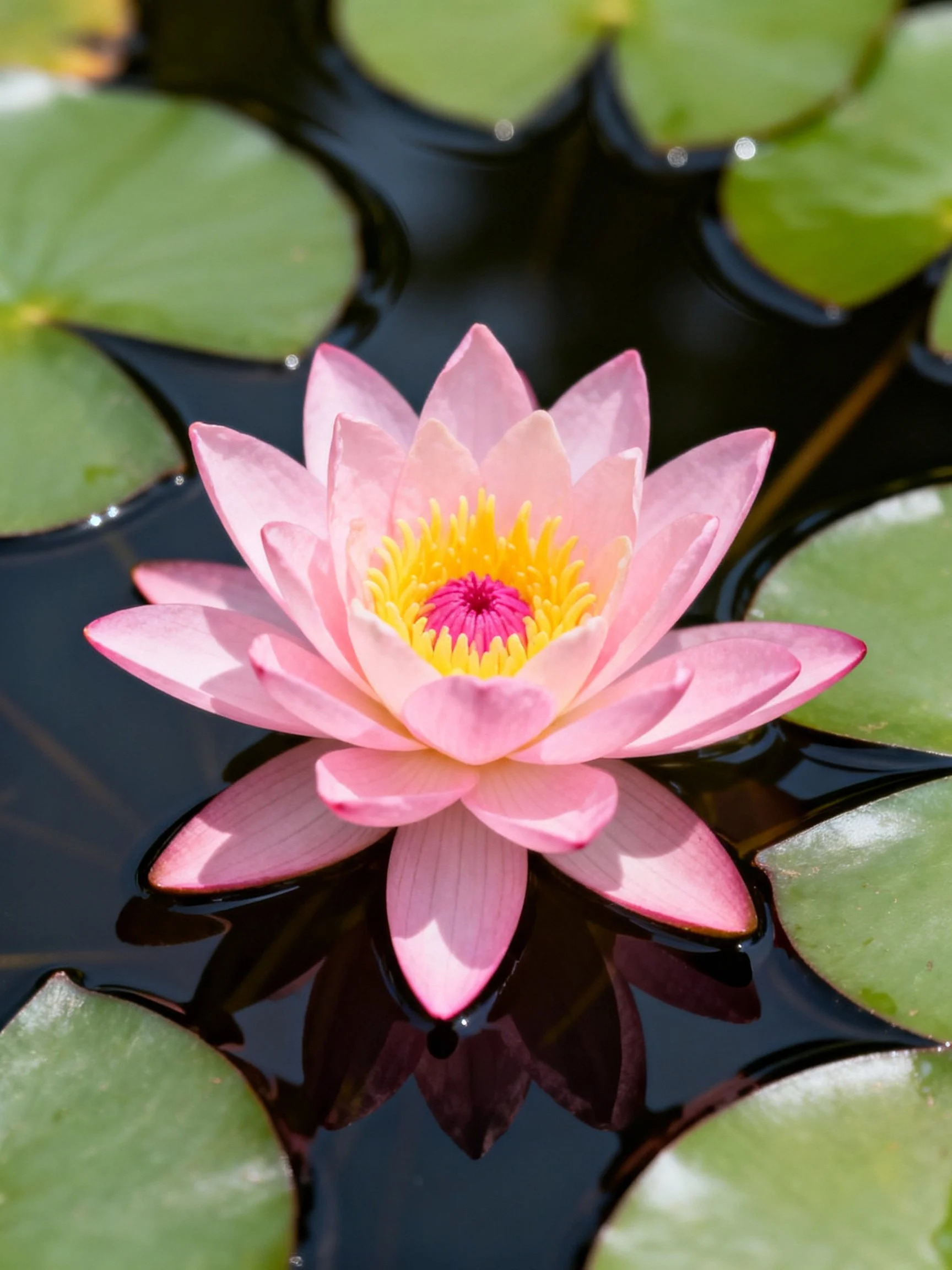 Pink Water Lily with Yellow Center Among Green Lily Pads
