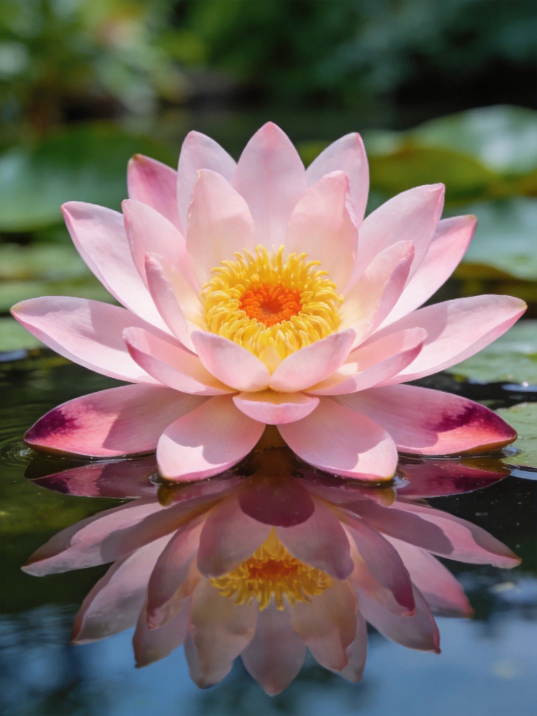 Pink Water Lily with Yellow Center Floating on Still Water