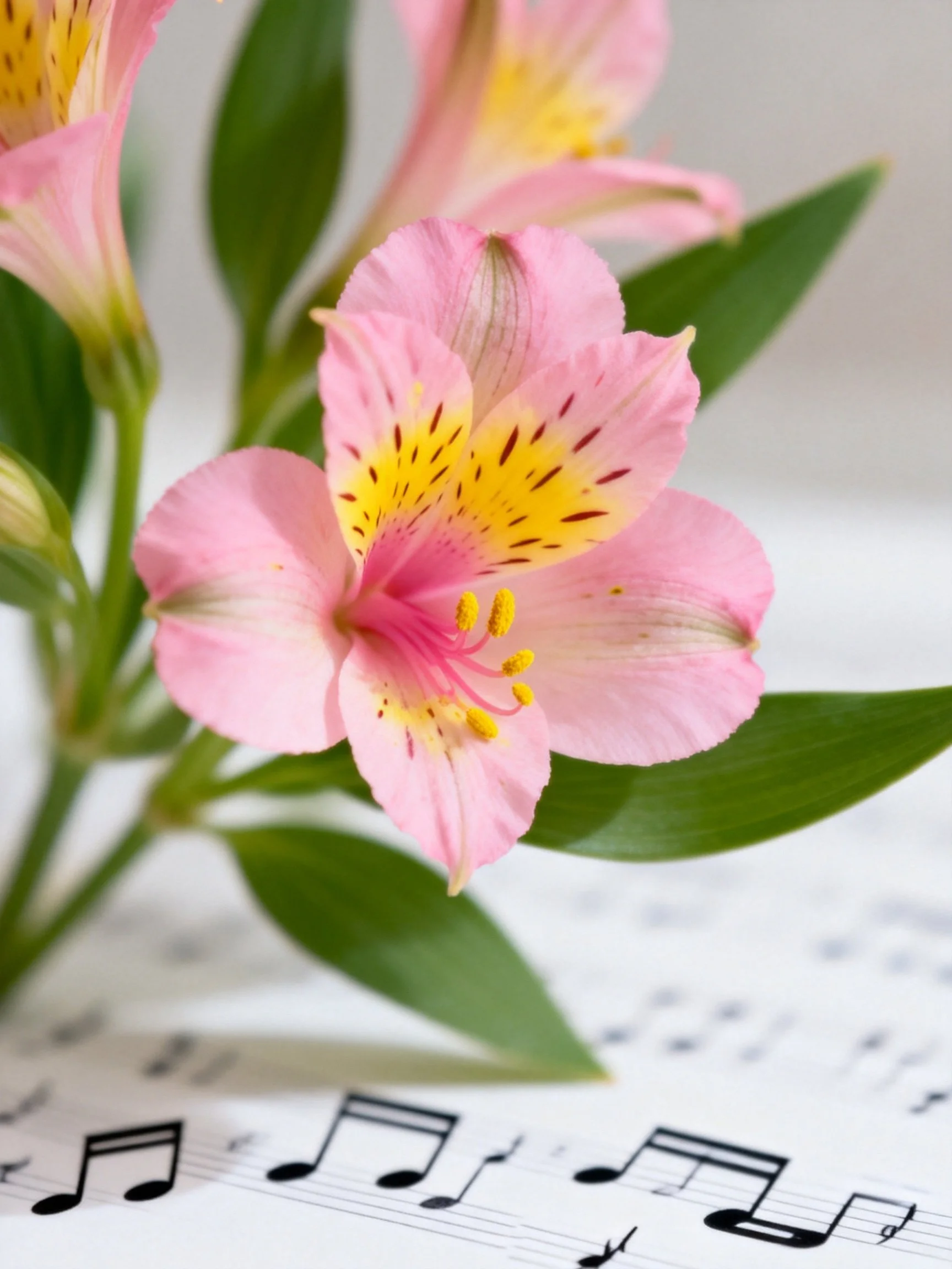 Pink alstroemeria flowers with yellow centers near sheet music