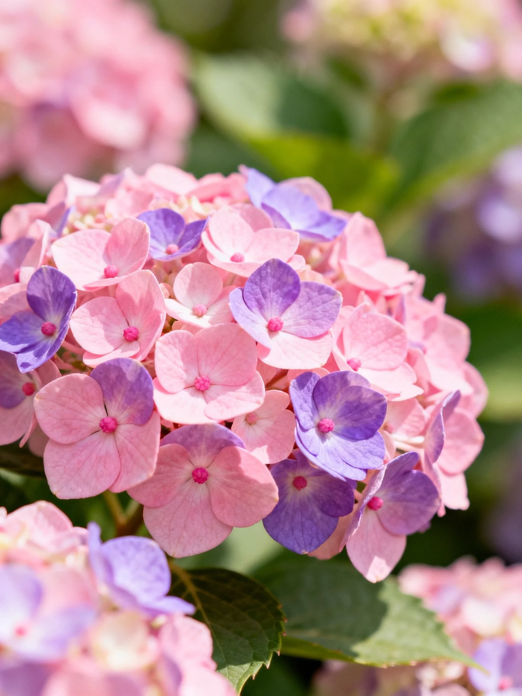 Pink and Purple Hydrangea Cluster with Green Foliage