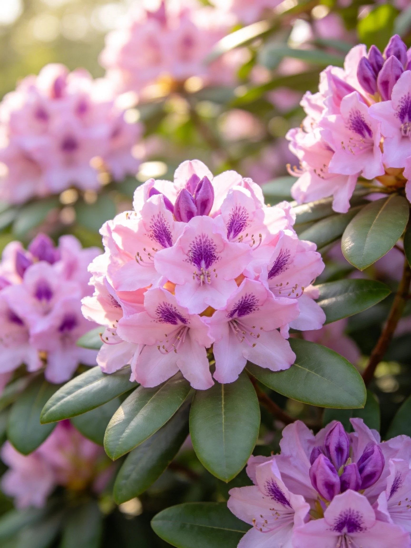 Pink and Purple Rhododendron Blooms with Green Foliage