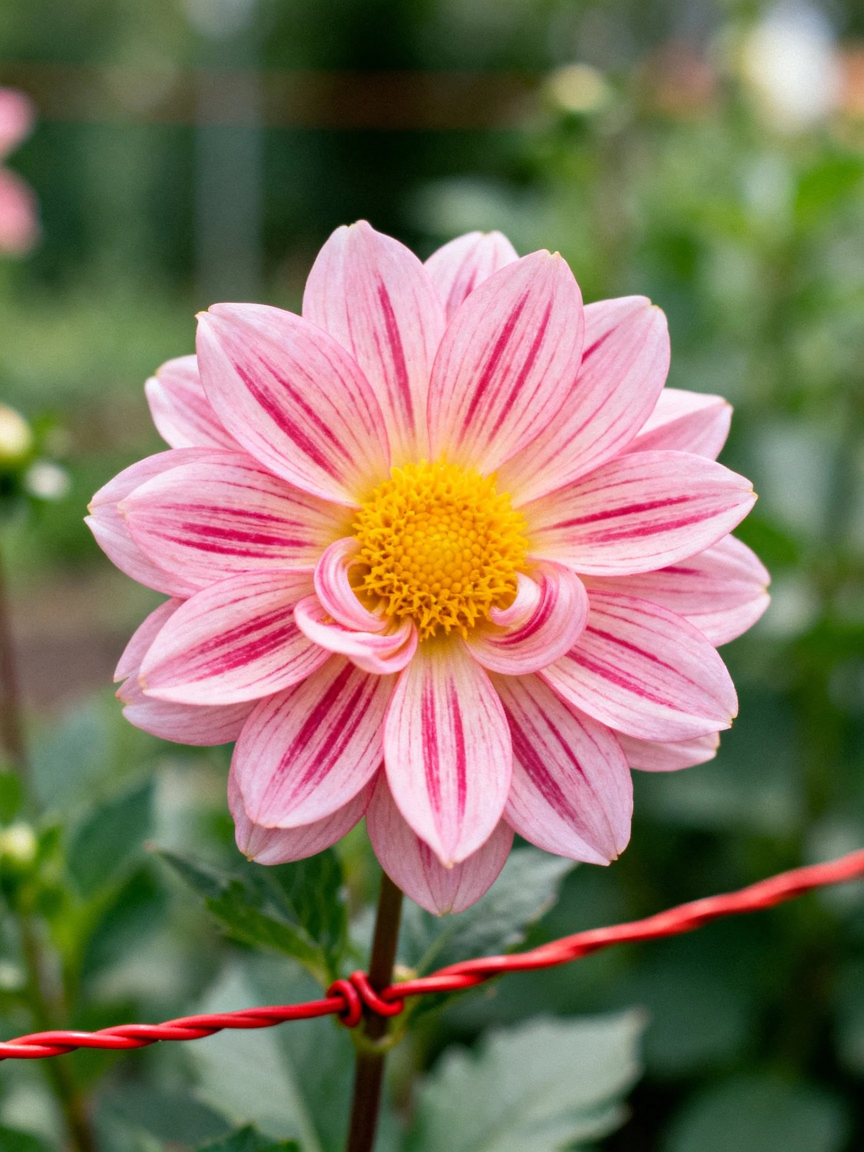 Pink and Red Striped Dahlia Near Red Wire Fence