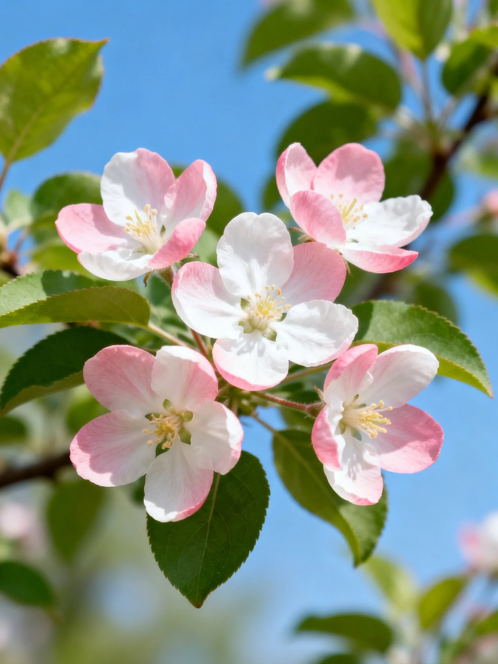 Pink and White Apple Blossoms Among Green Leaves Against Blue Sky