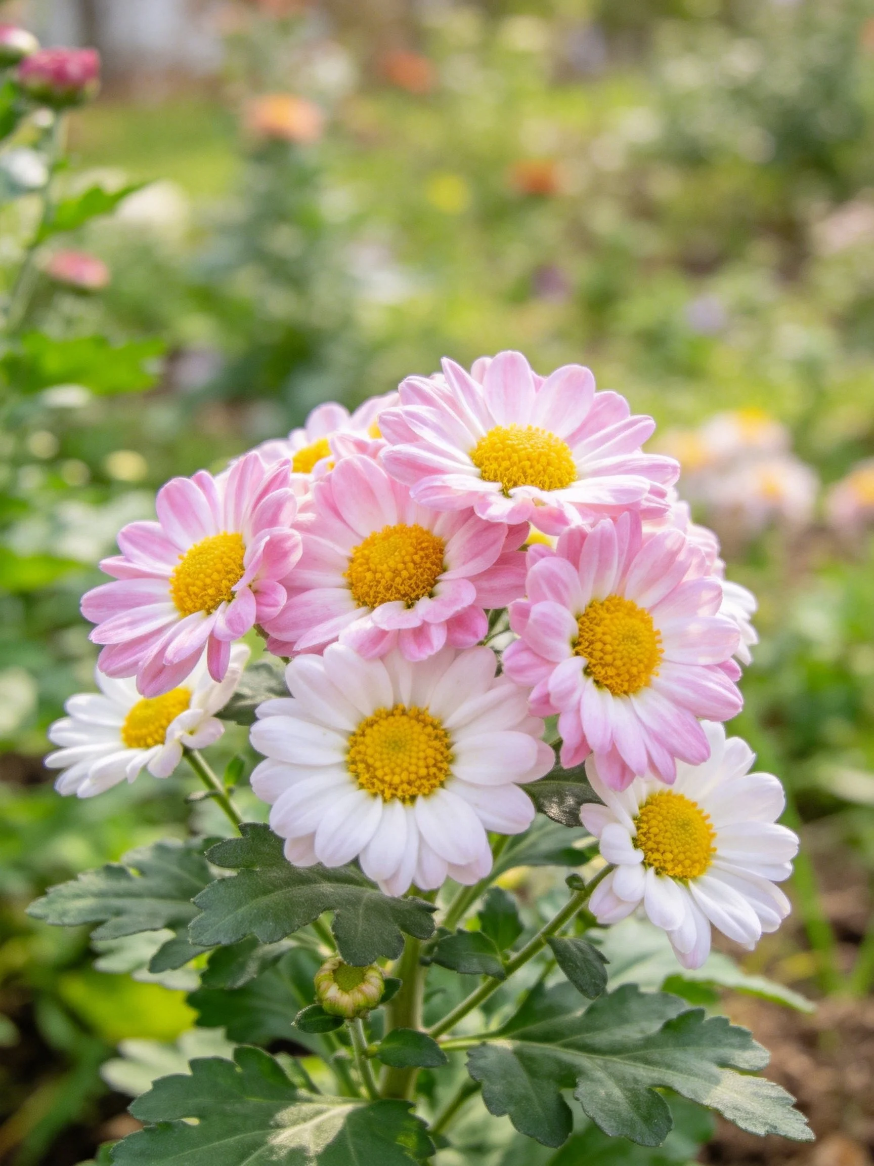 A cluster of pink and white chrysanthemums with yellow centers grows among green foliage.
