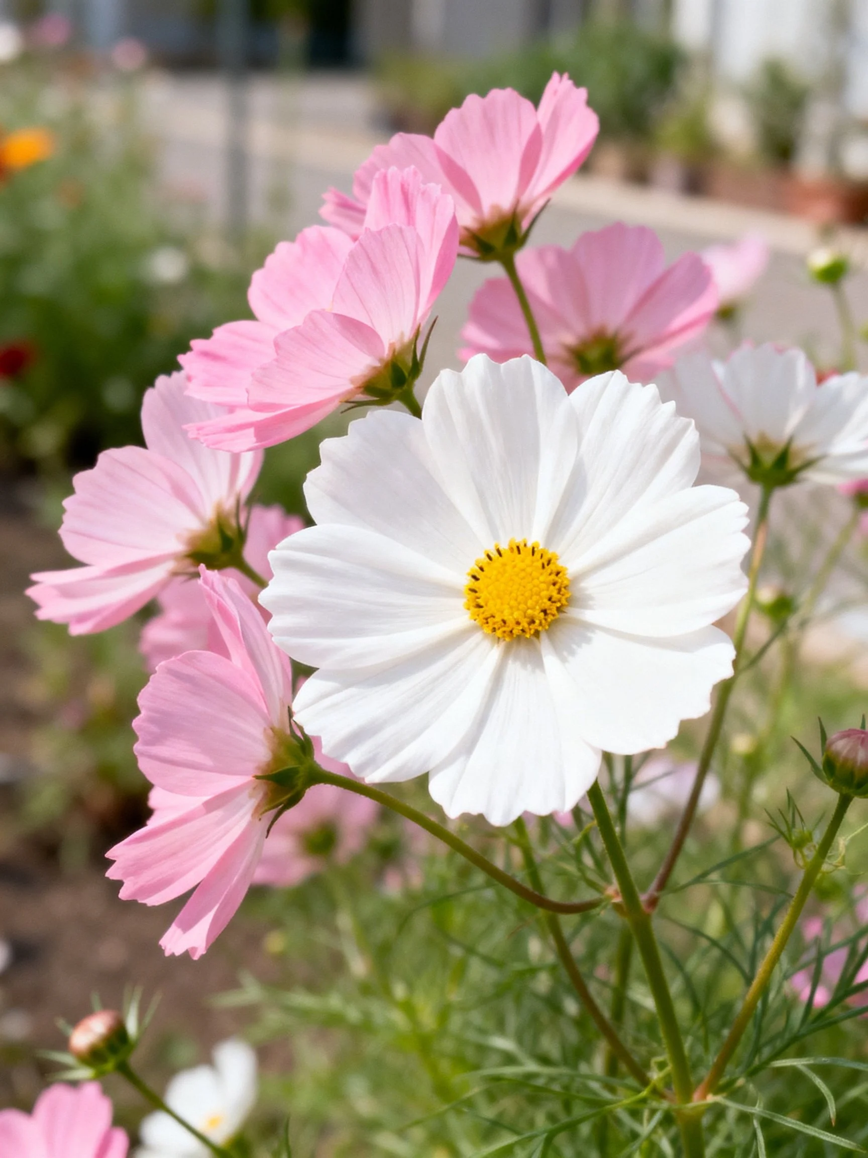 Pink and White Cosmos Flowers Bloom in a Sunlit Garden