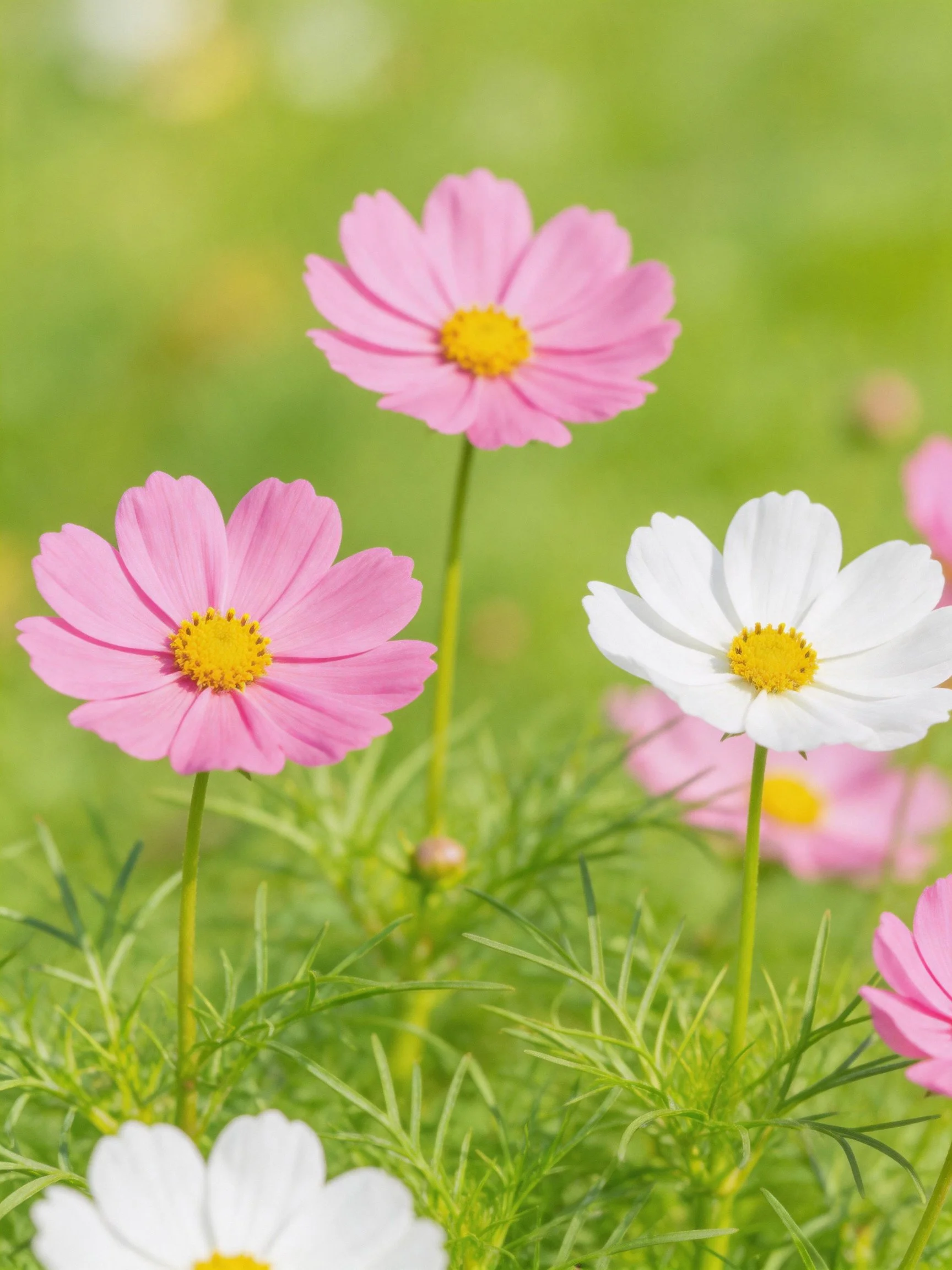 Pink and White Cosmos Flowers With Yellow Centers Amid Green Foliage