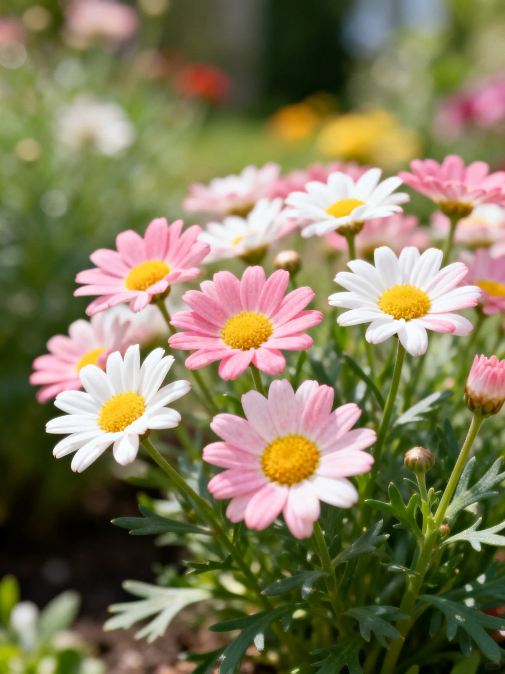 Pink and White Daisies with Yellow Centers in a Garden Setting