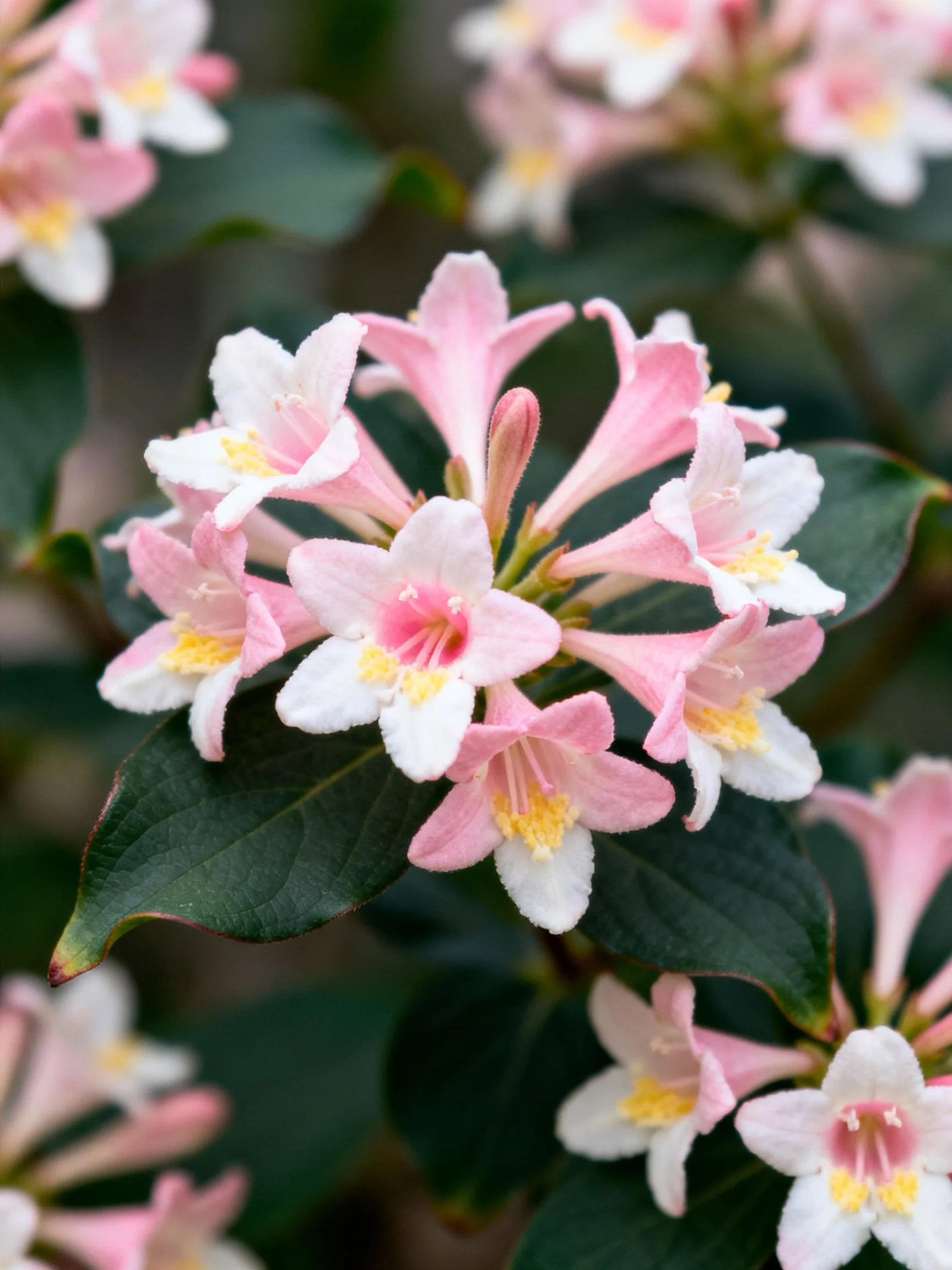 Pink and White Flower Cluster Among Dark Green Leaves