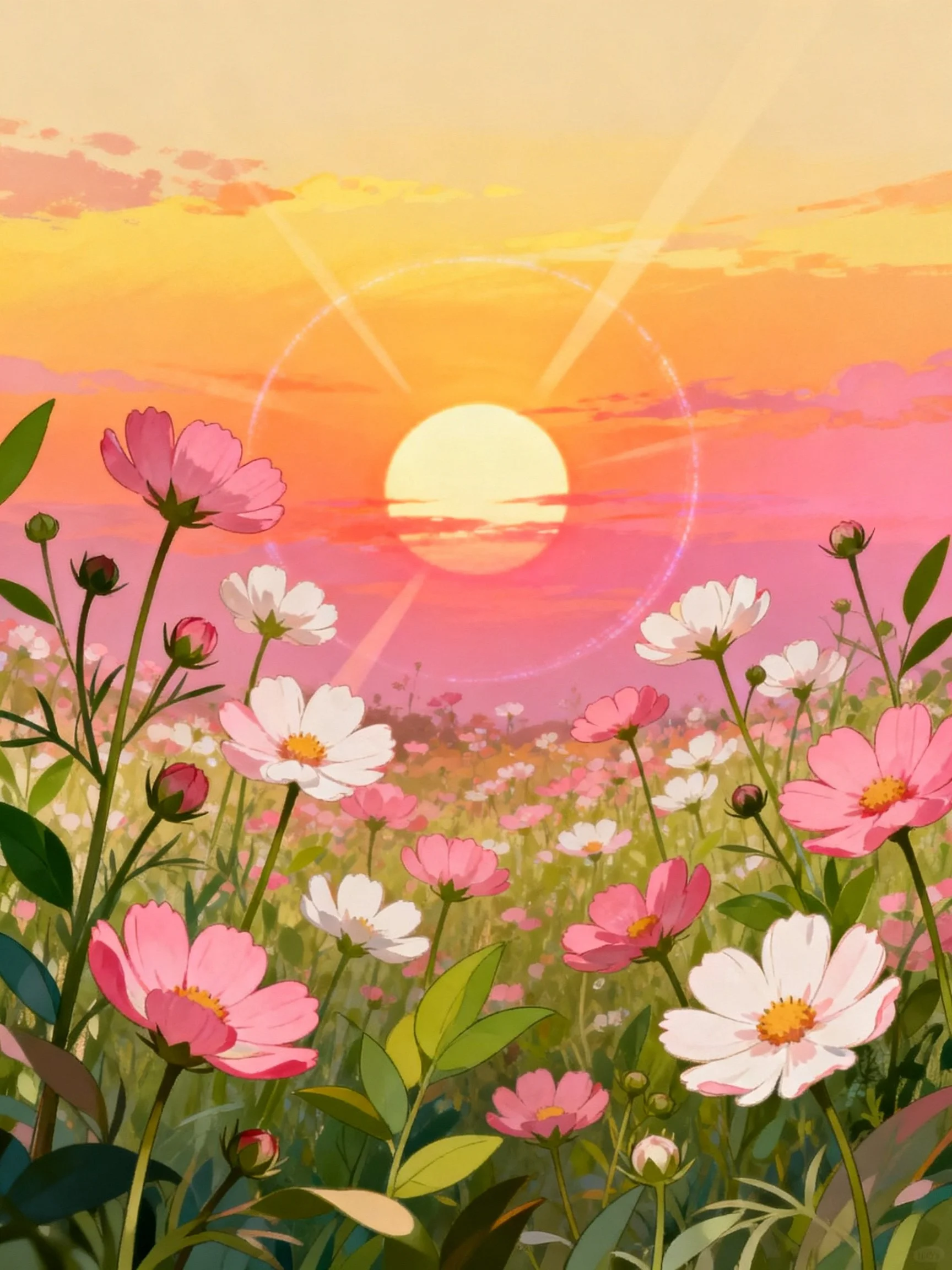 Pink and White Flowers in a Sunset-Lit Field