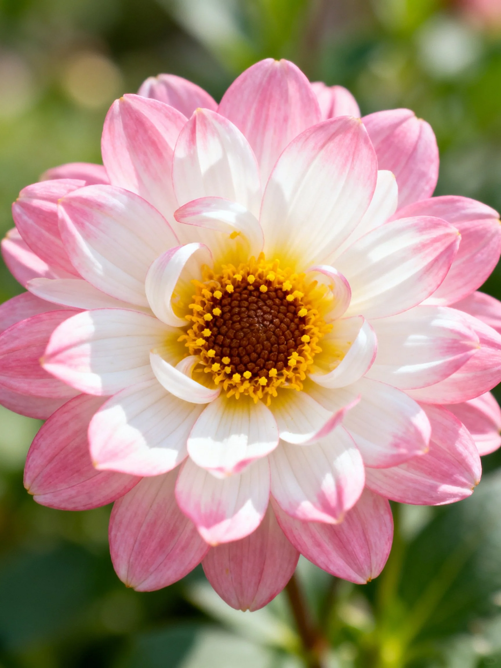 Pink and White Layered Dahlia with Yellow - Brown Center