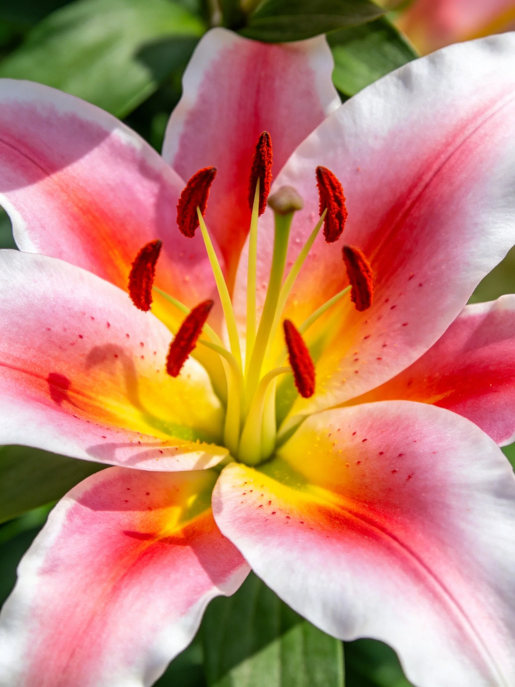 Pink and White Lily with Red Stamens and Yellow Center