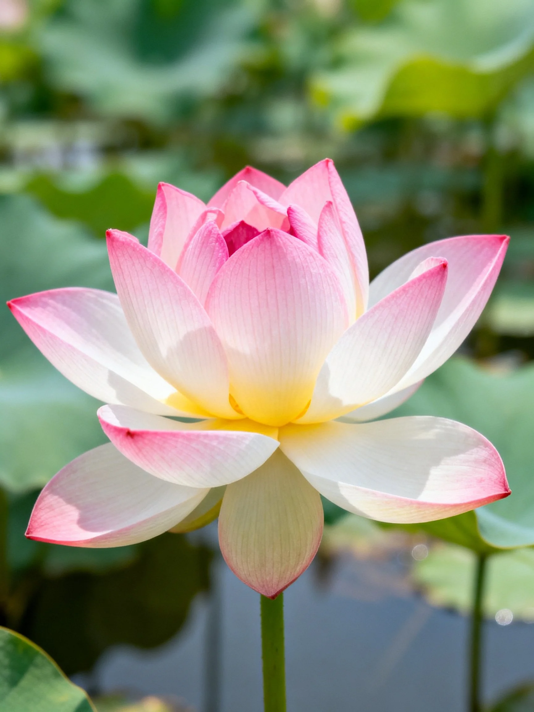 Pink and White Lotus Bloom with Green Leaves Background