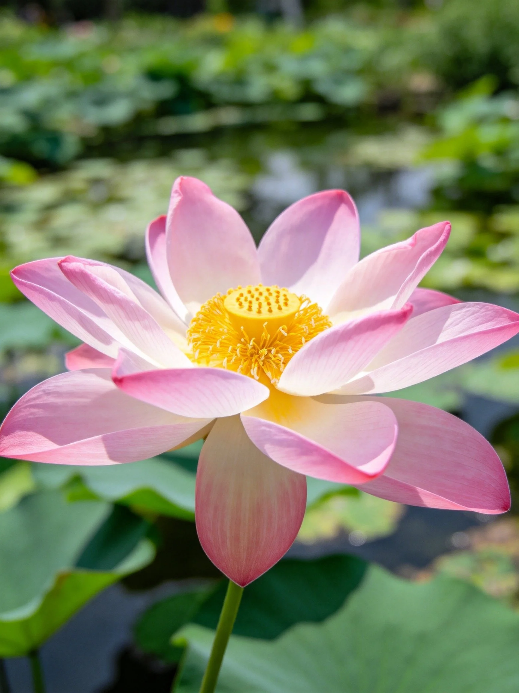 Pink and White Lotus Flower with Bright Yellow Center