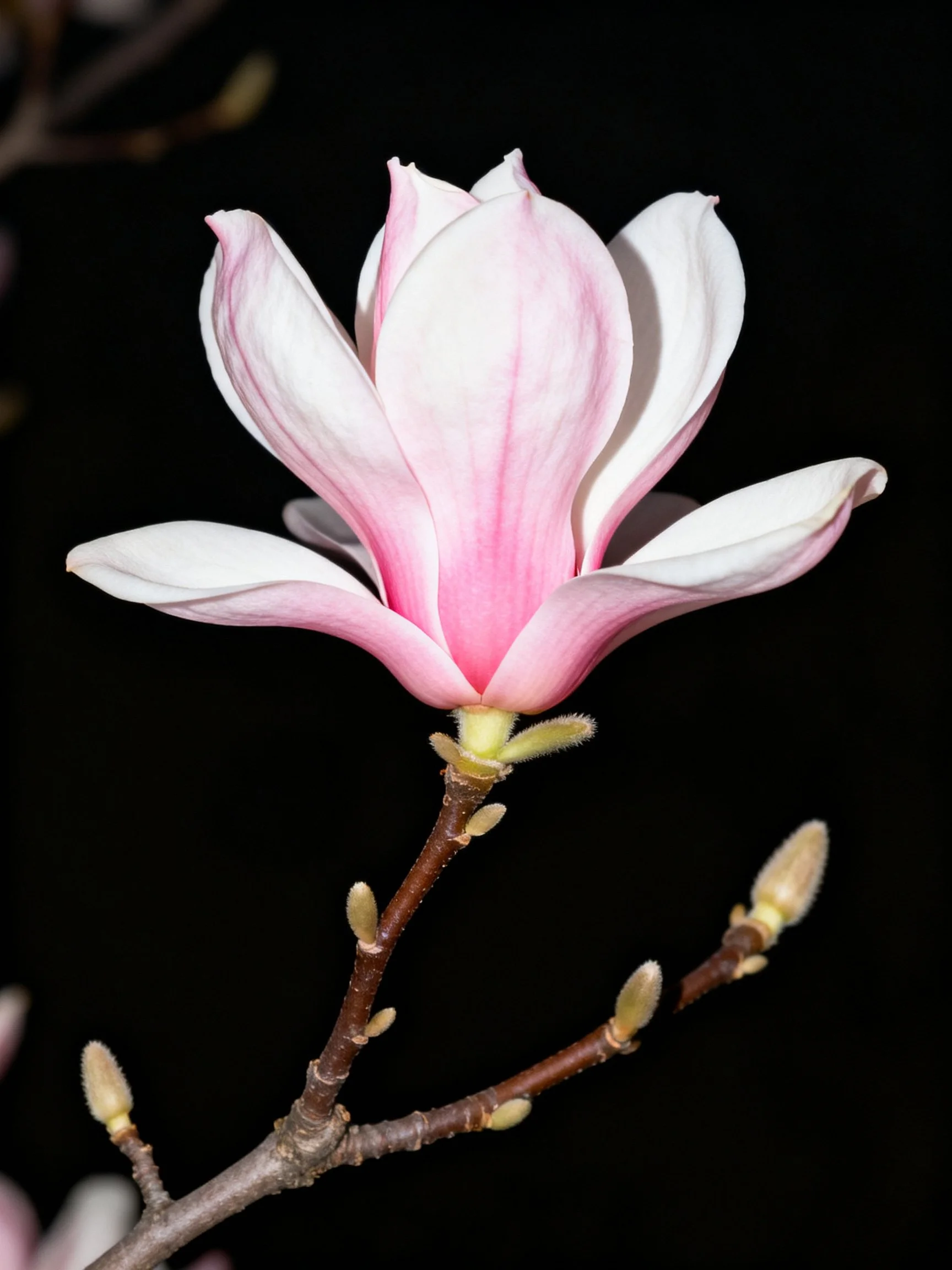 Pink and White Magnolia Flower with Bud-Laden Branches