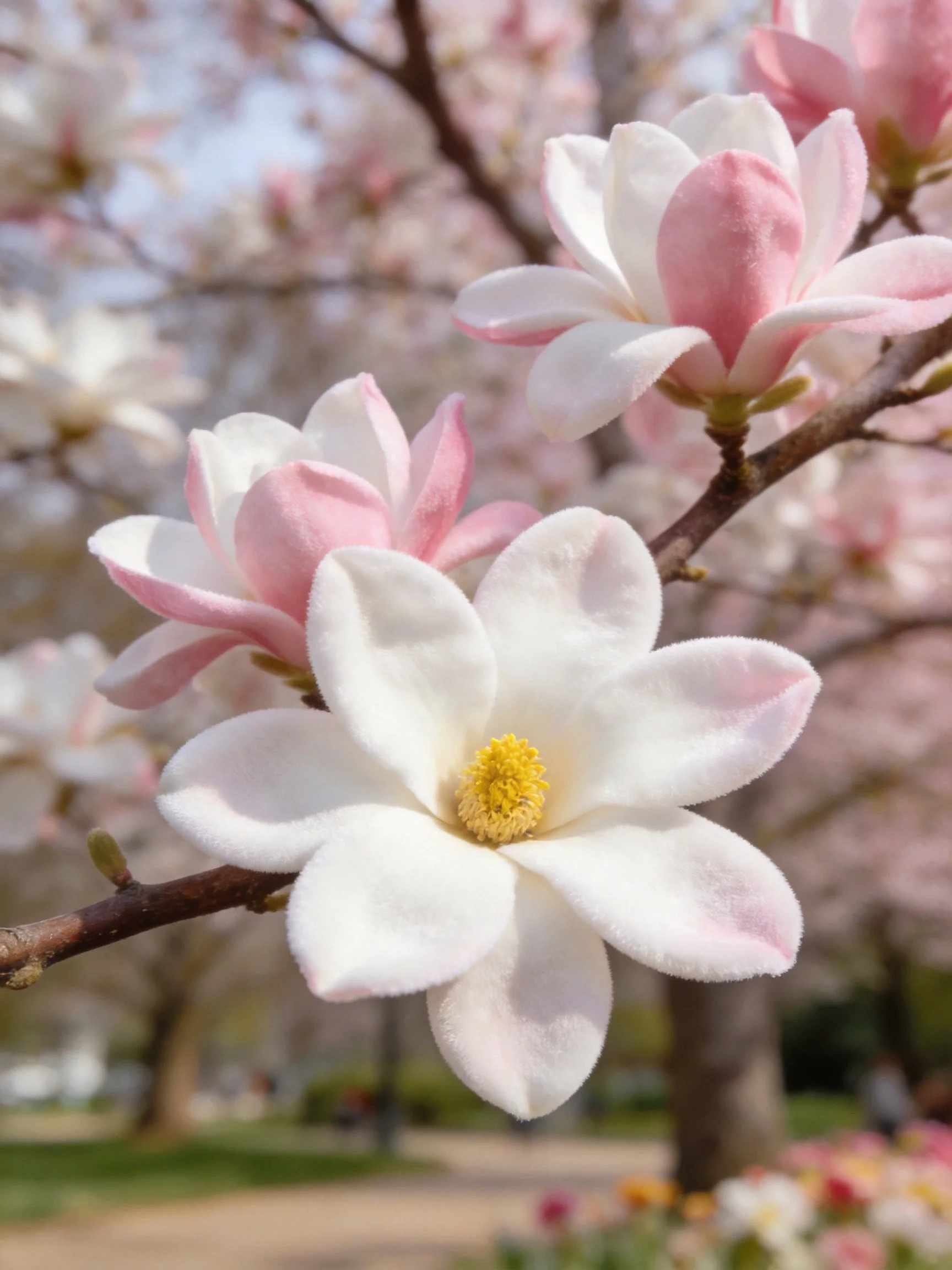Pink and White Magnolias Bloom on Tree Branches in a Park