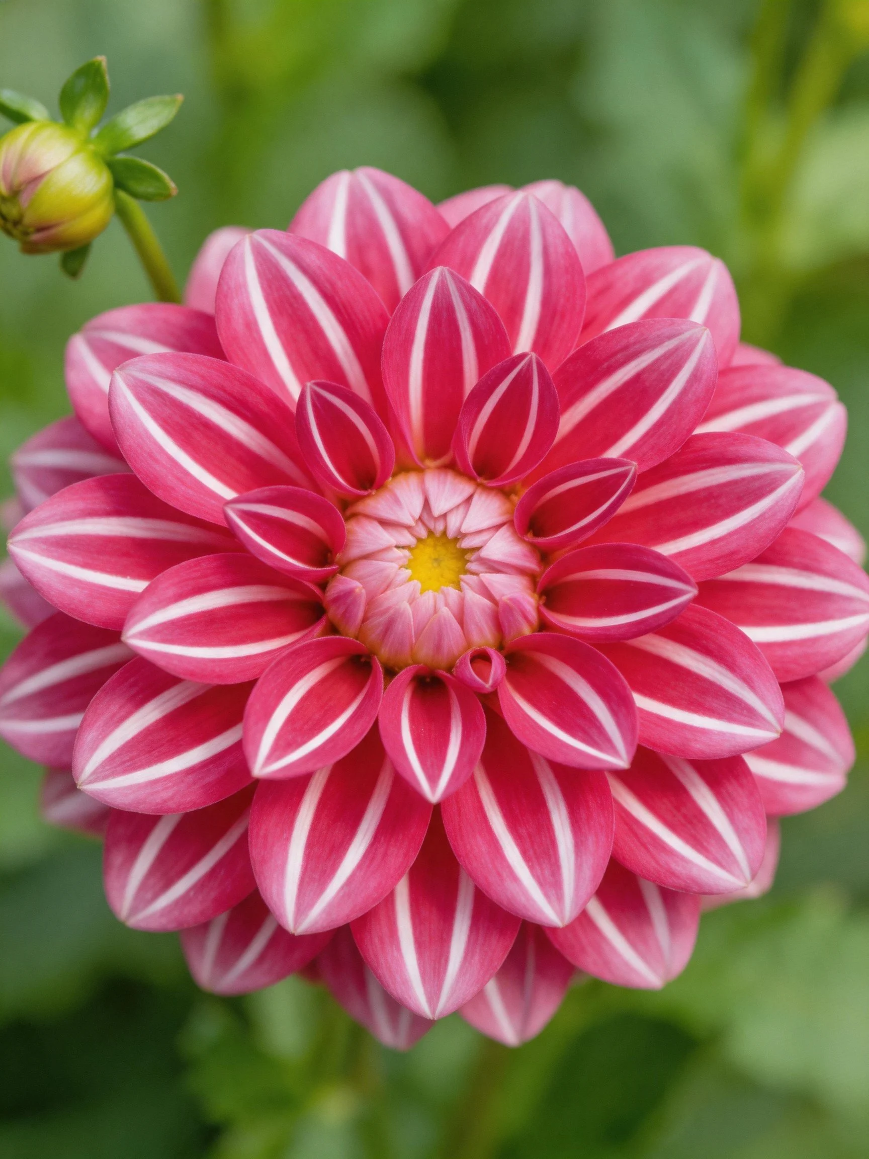 Pink and White Striped Dahlia with Bud, Green Foliage