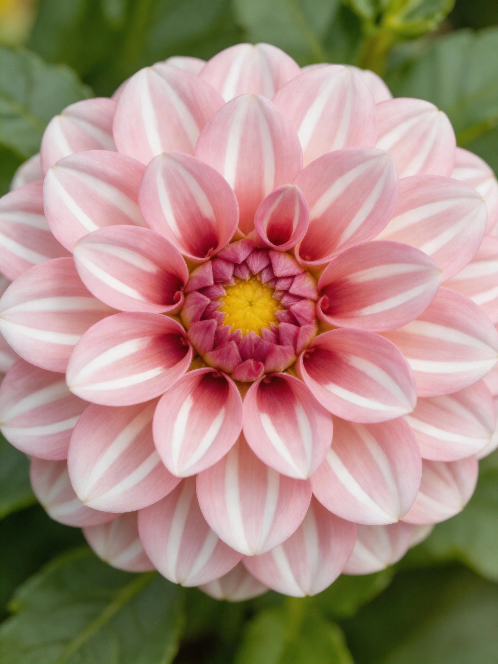 Pink and White Striped Dahlia with Yellow Center