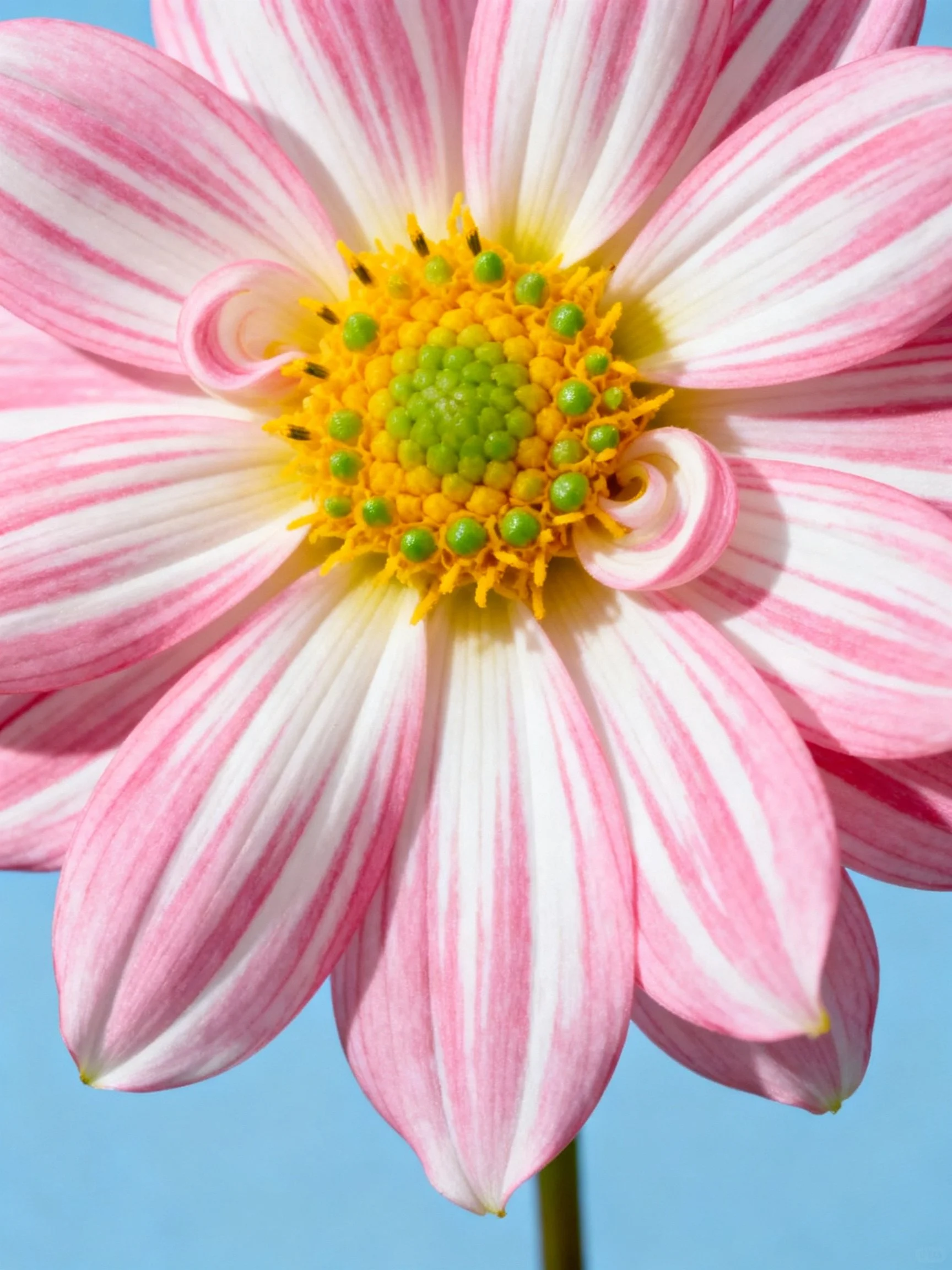 Pink and White Striped Petal Flower with Yellow Green Center