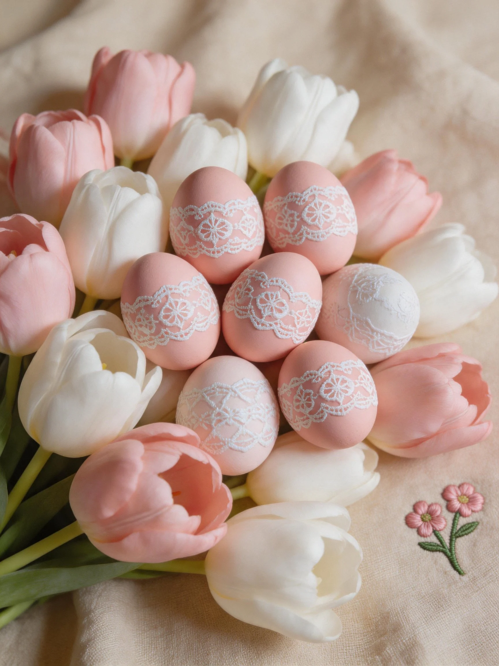 Pink and White Tulips Encircle Decorated Eggs with Lace Details